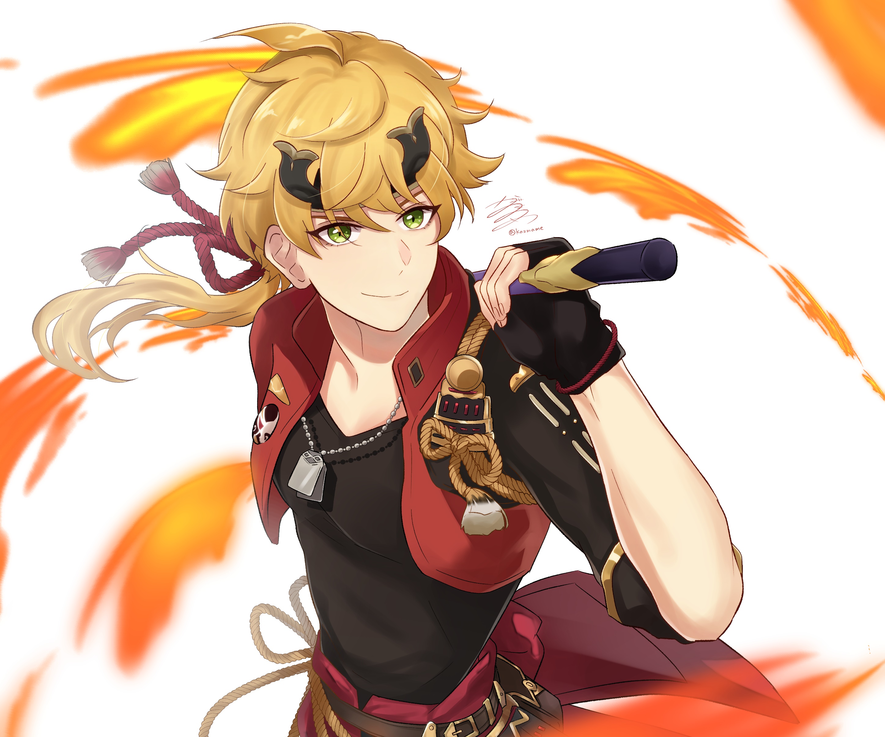Thoma from Genshin Impact with fire effects HD Wallpaper