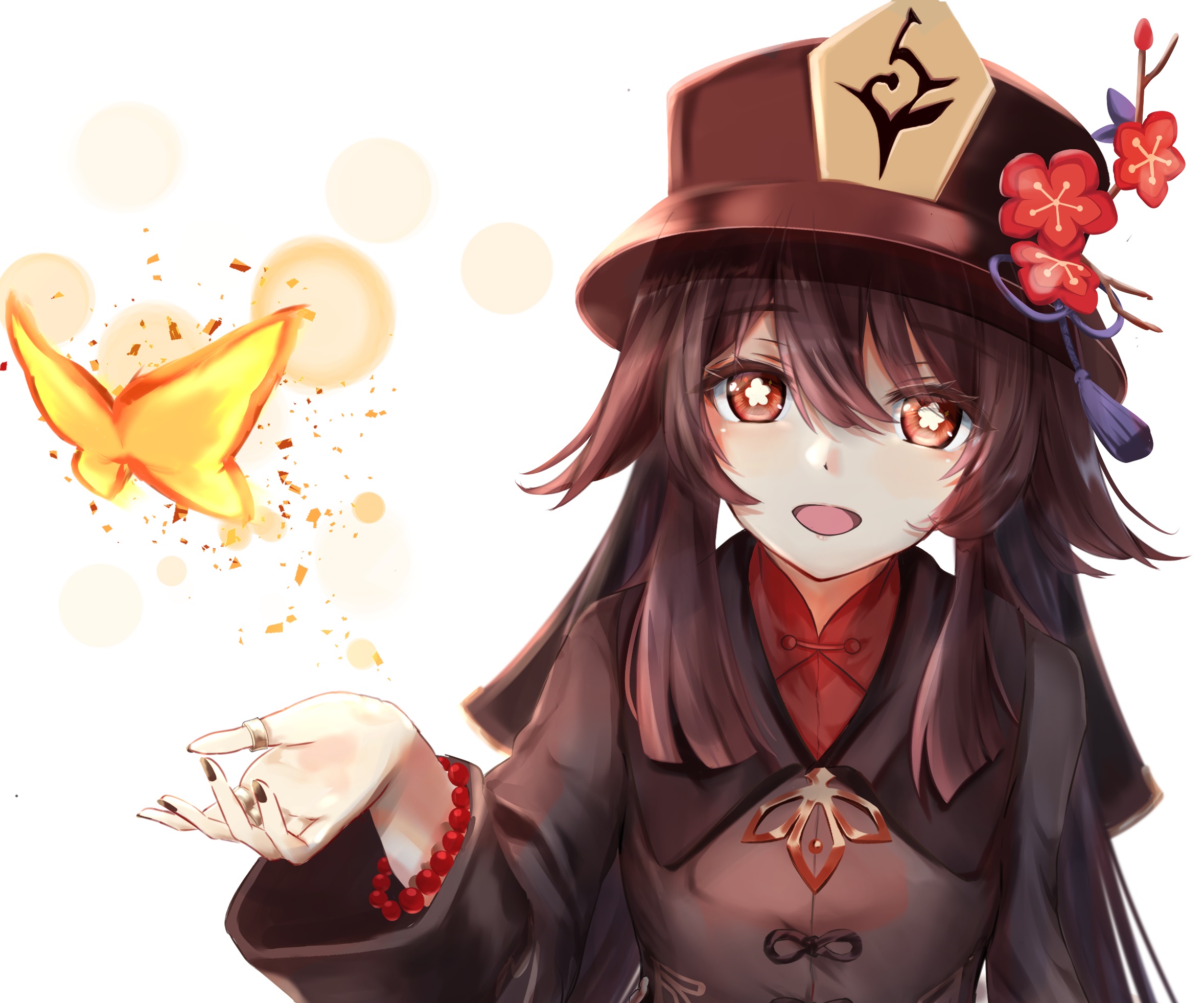Hu Tao from Genshin Impact with a butterfly HD Wallpaper