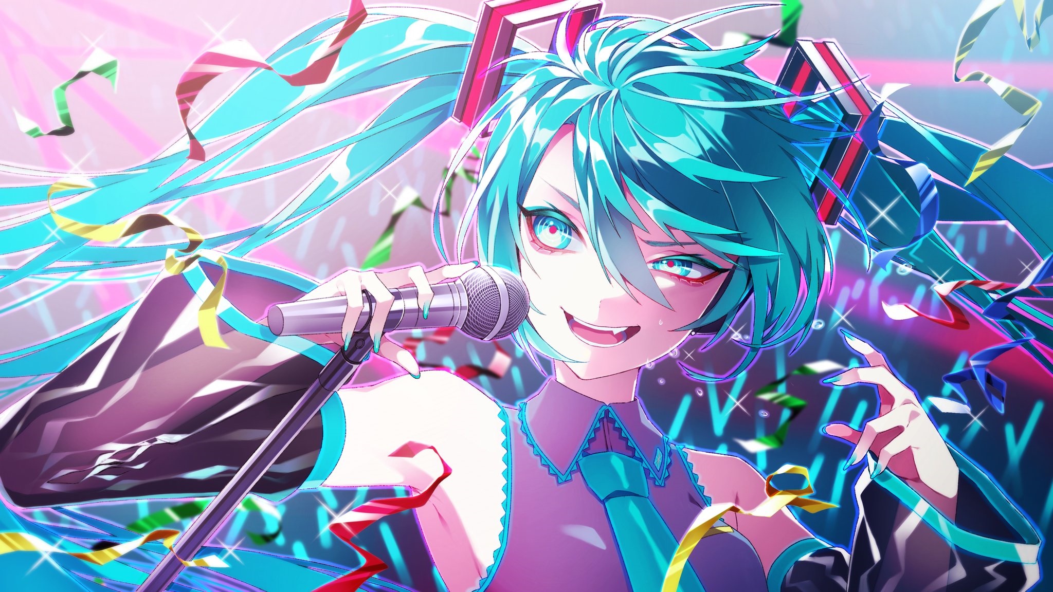 Hatsune Miku singing with confetti HD Wallpaper