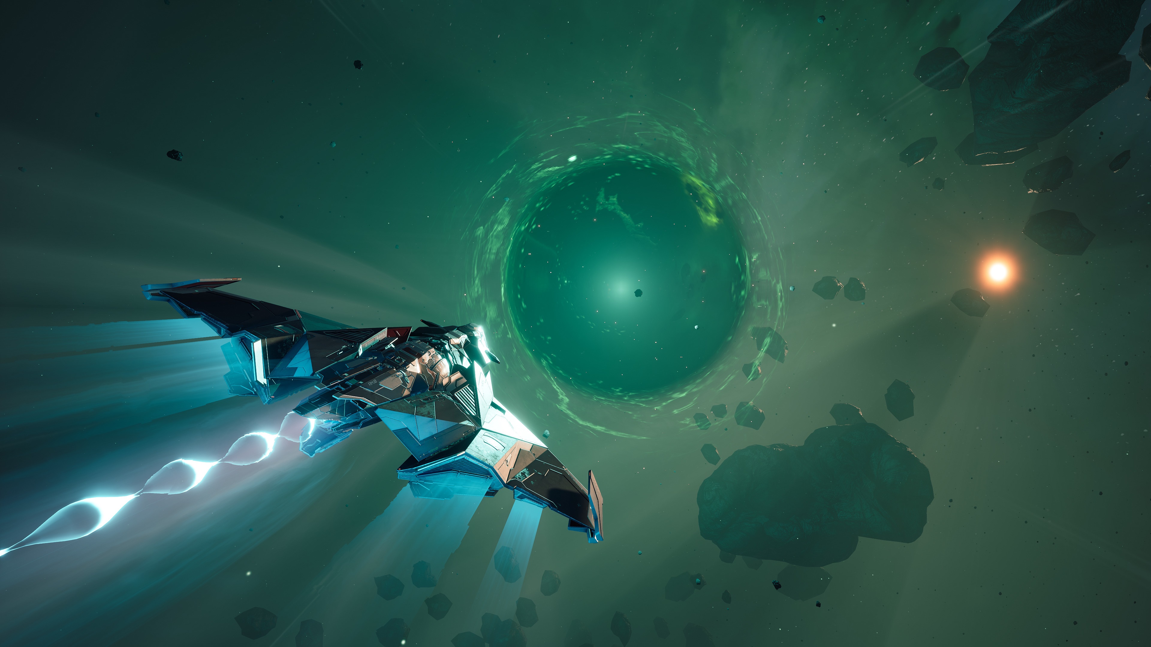 Spaceship approaching a green wormhole in space HD Wallpaper