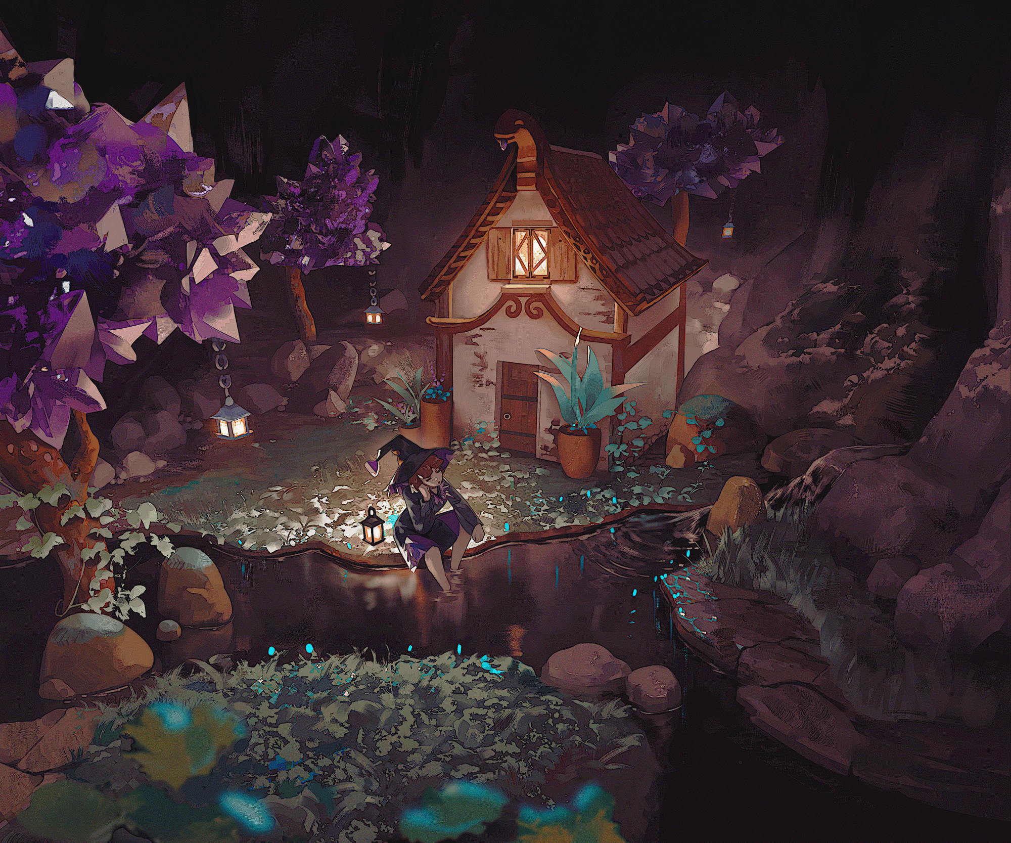 Girl in witch hat by a cave house with crystals HD Wallpaper