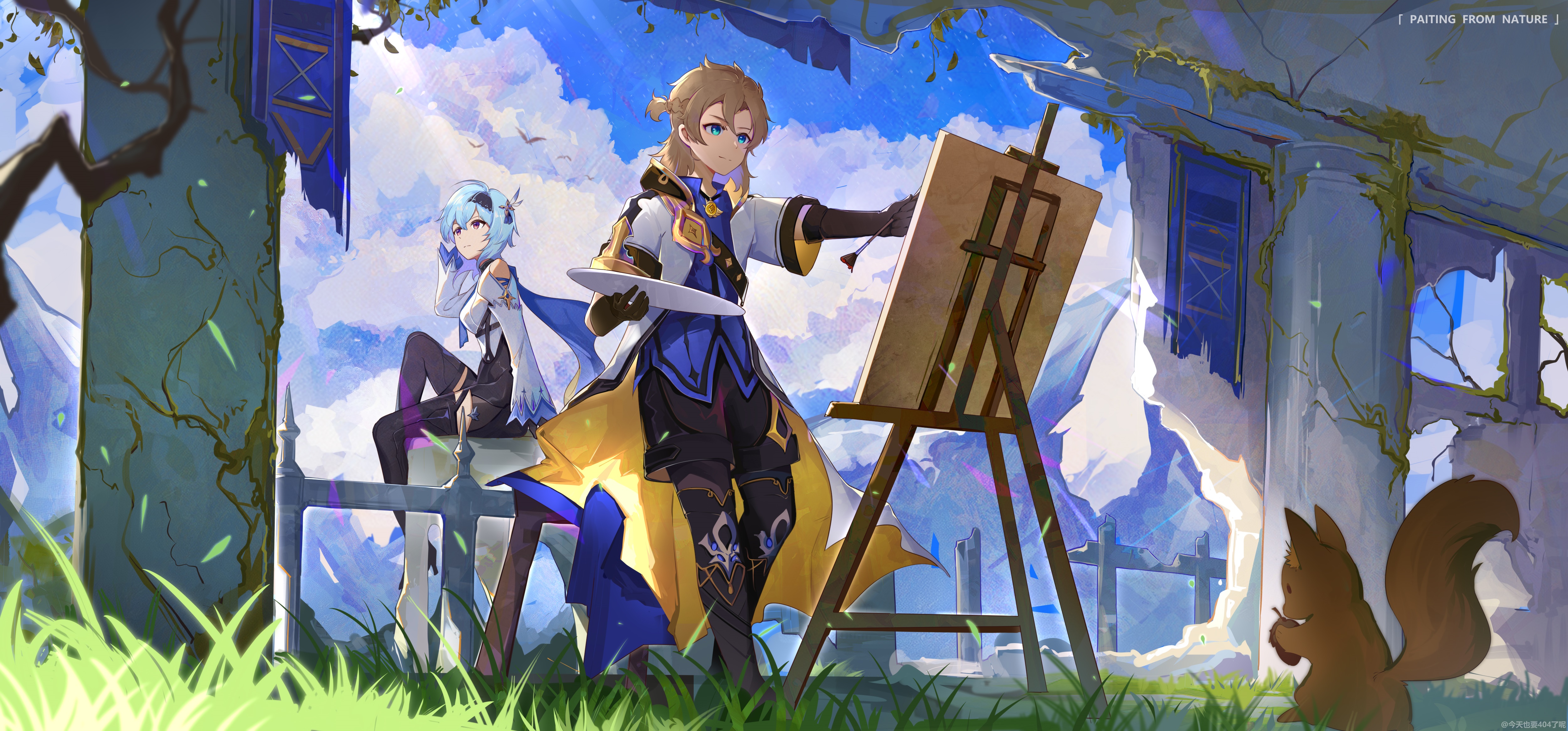 Eula and Albedo from Genshin Impact painting 4K HD Wallpaper