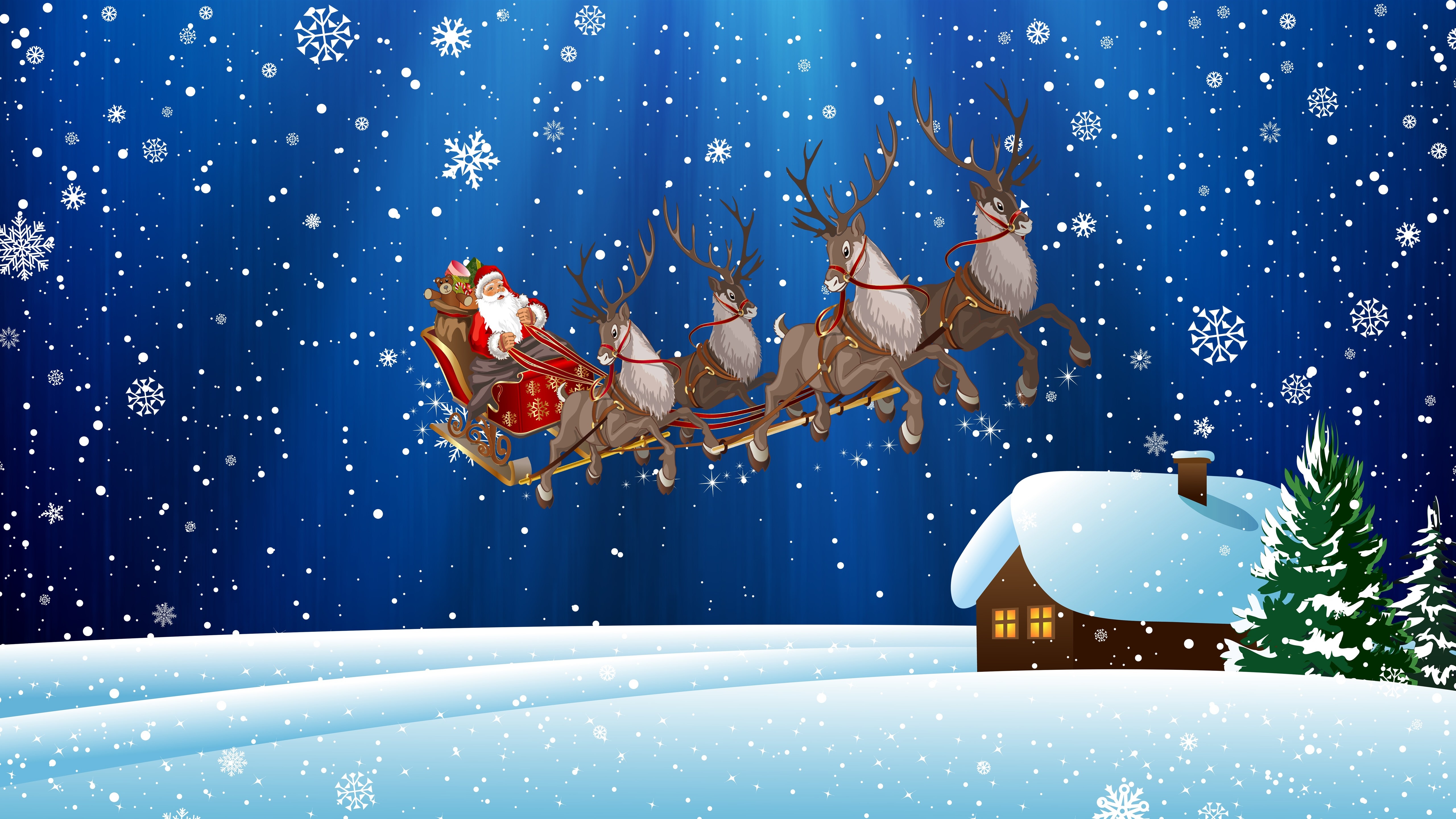 Santa Claus and reindeer in sleigh with Christmas 4K HD Wallpaper