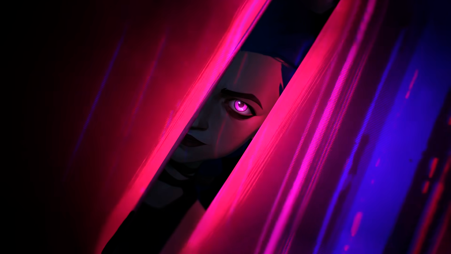 Jinx from League of Legends peeking through pink and blue light HD Wallpaper