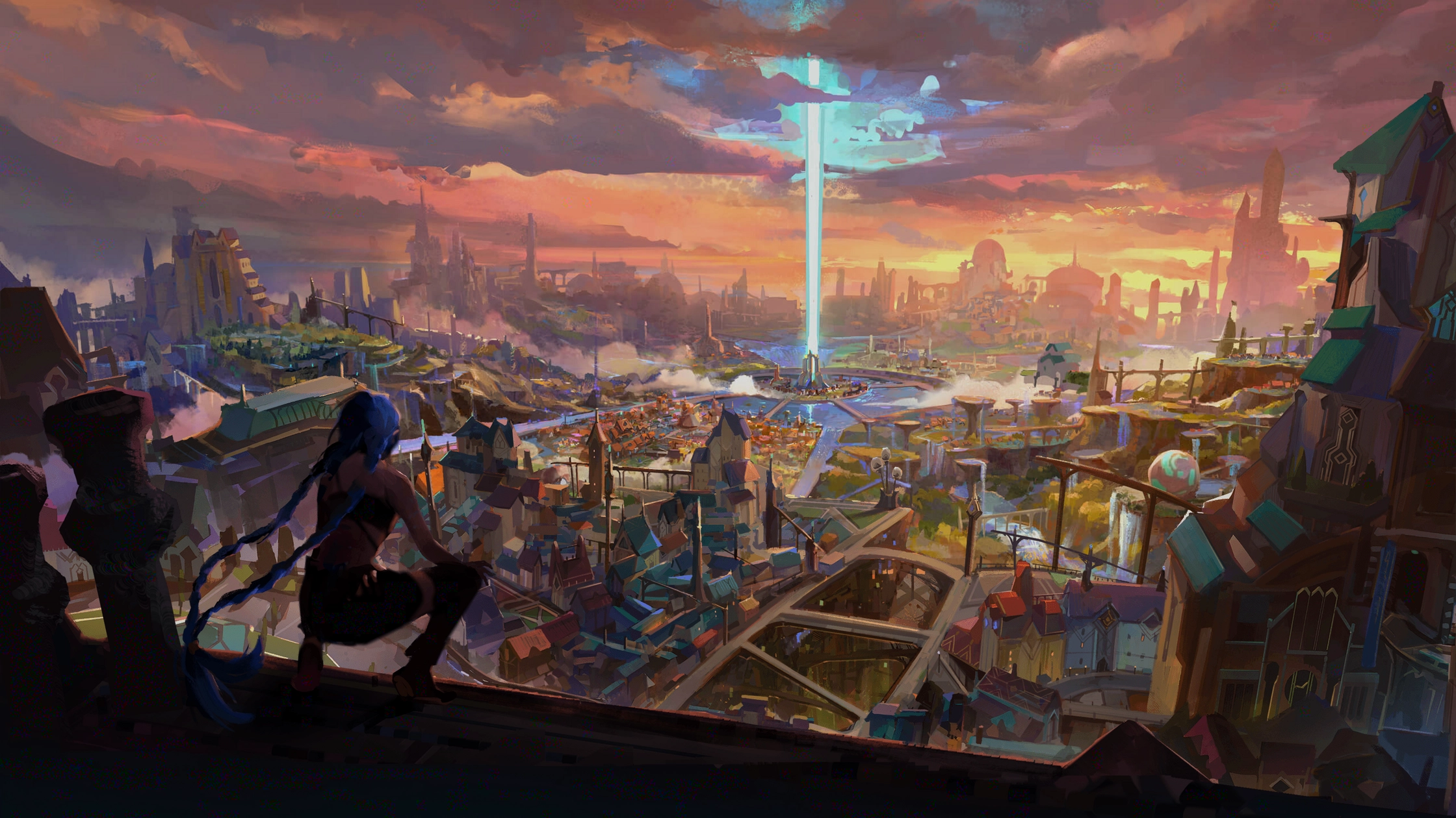 Jinx from Arcane overlooking a city at sunset HD Wallpaper