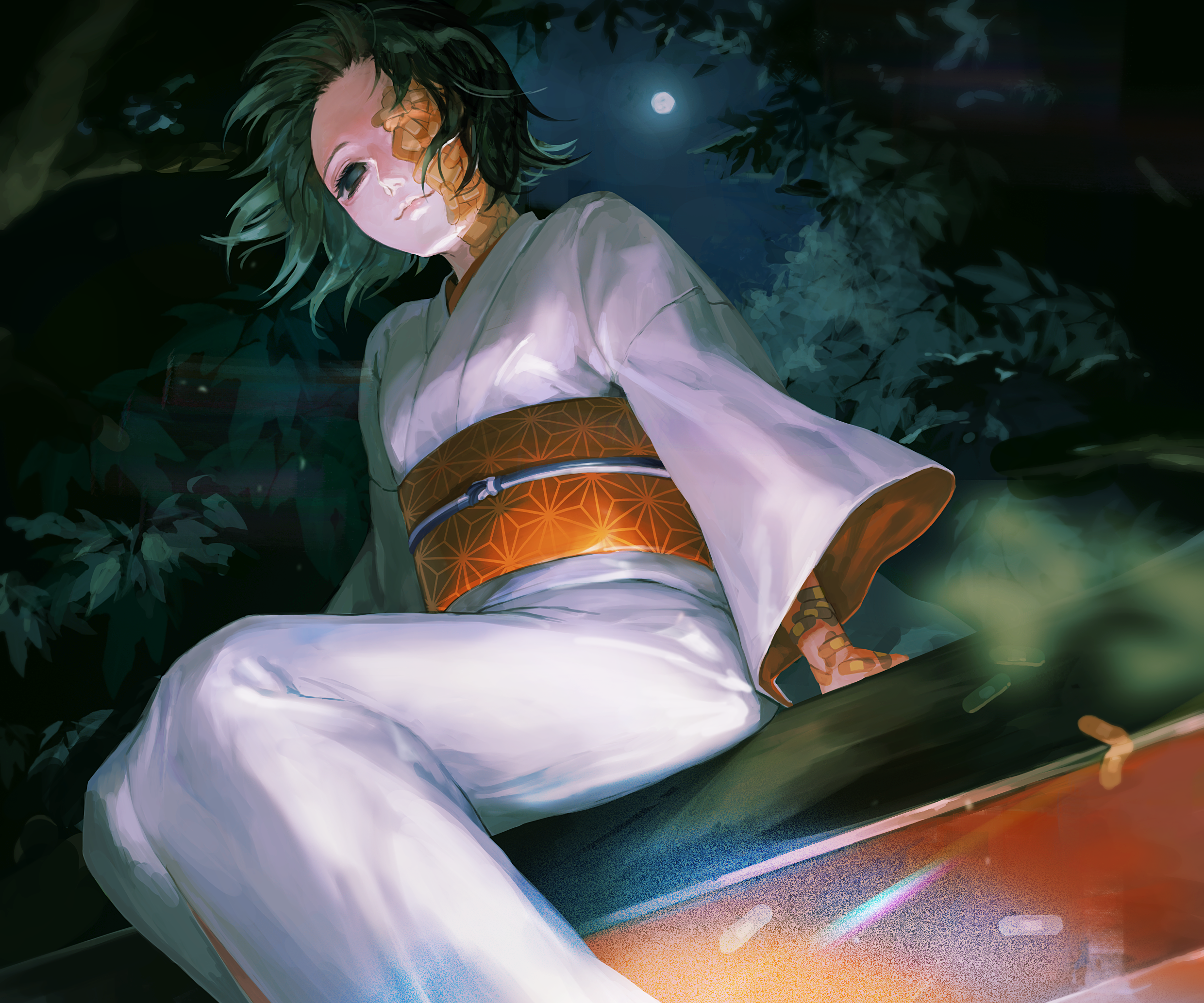 Girl in Kimono sitting on a roof at night HD Wallpaper