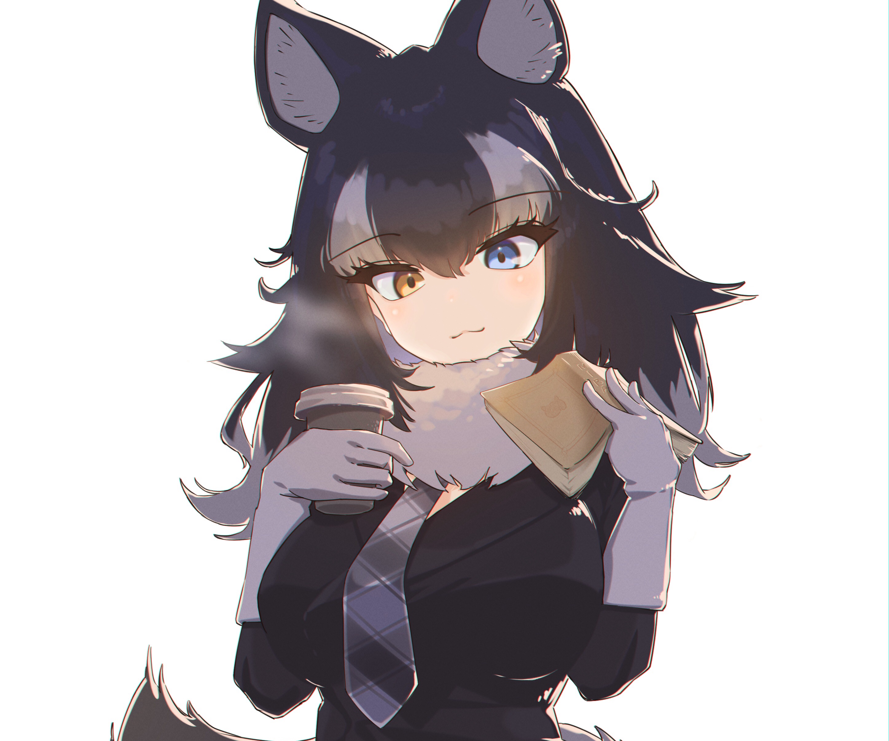 Wolf girl with heterochromia holding coffee and book HD Wallpaper