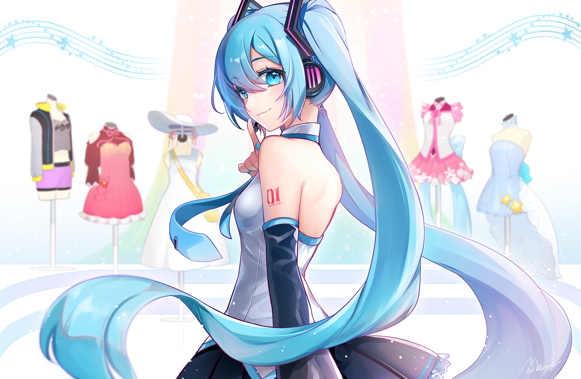 Hatsune Miku from Vocaloid with outfits on display HD Wallpaper