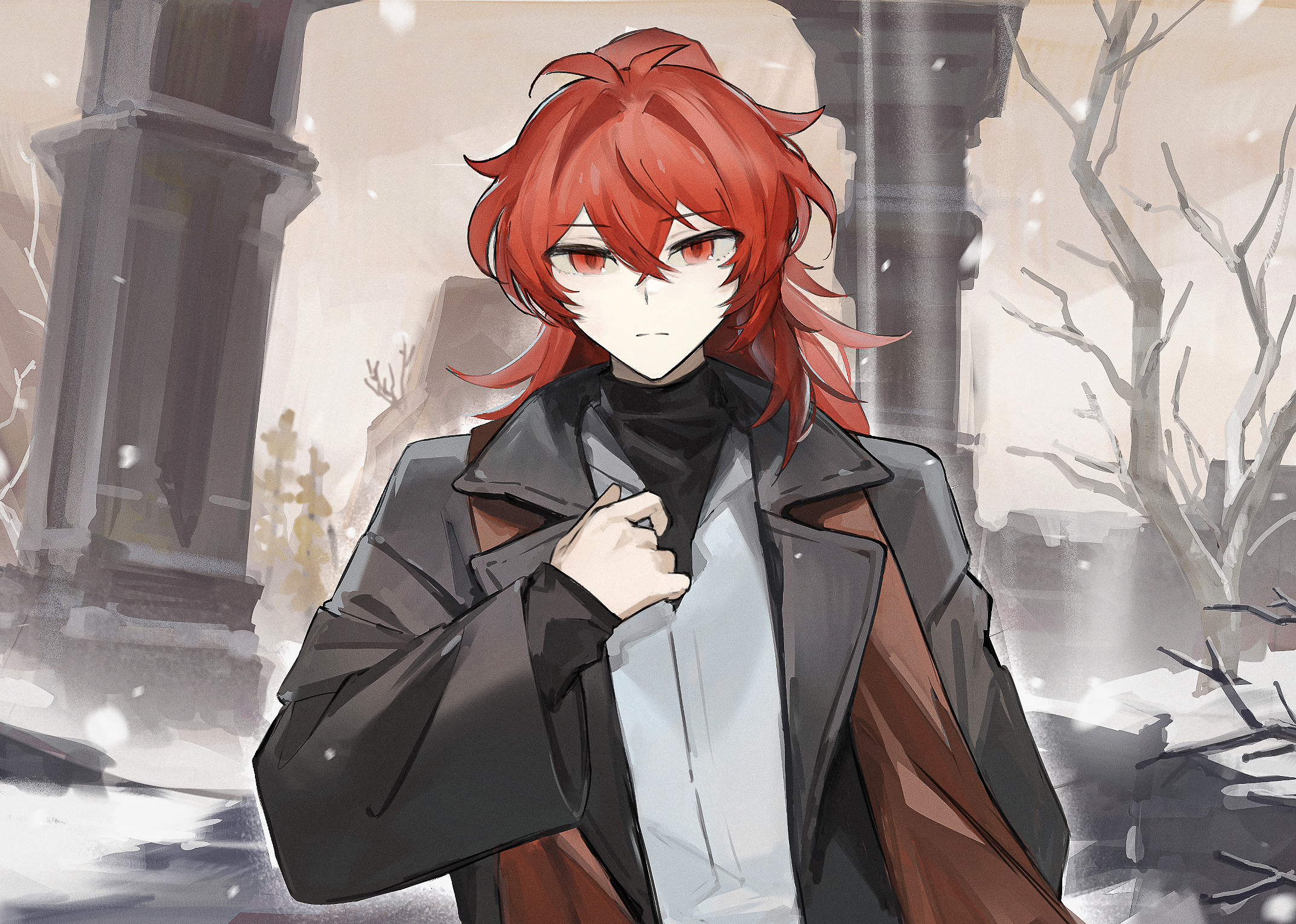 Diluc from Genshin Impact in a snowy environment HD Wallpaper