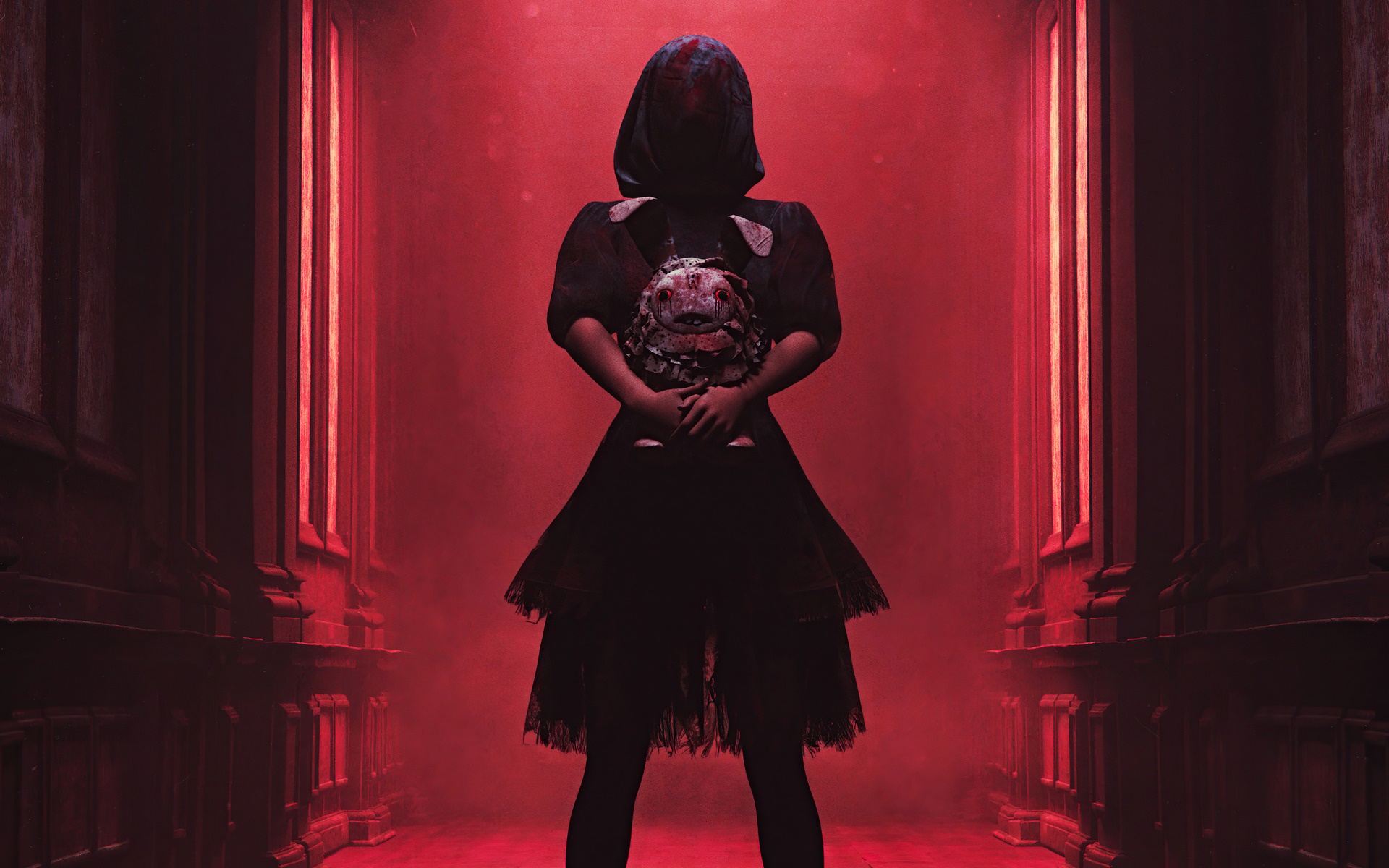 Creepy woman in dark dress holding a doll HD Wallpaper