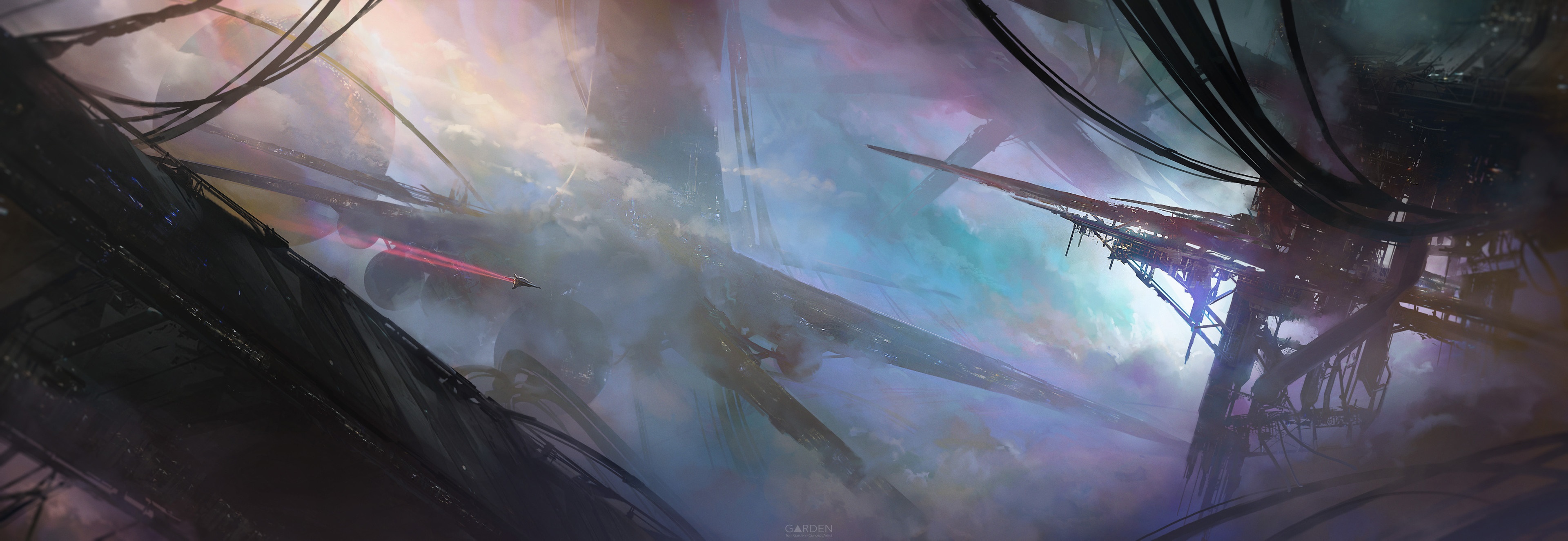 Sci Fi Landscape with Structures and Ship HD Wallpaper