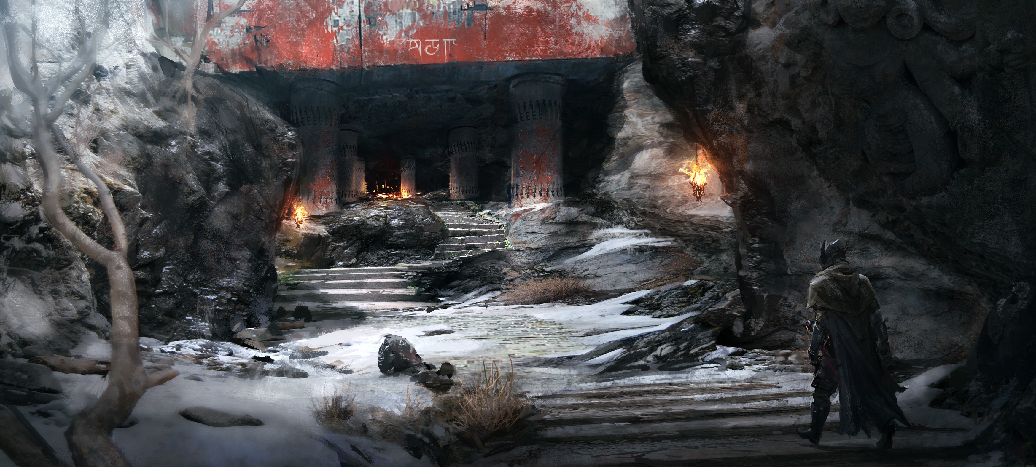 Fantasy ruin with ancient pillars and a lone figure HD Wallpaper