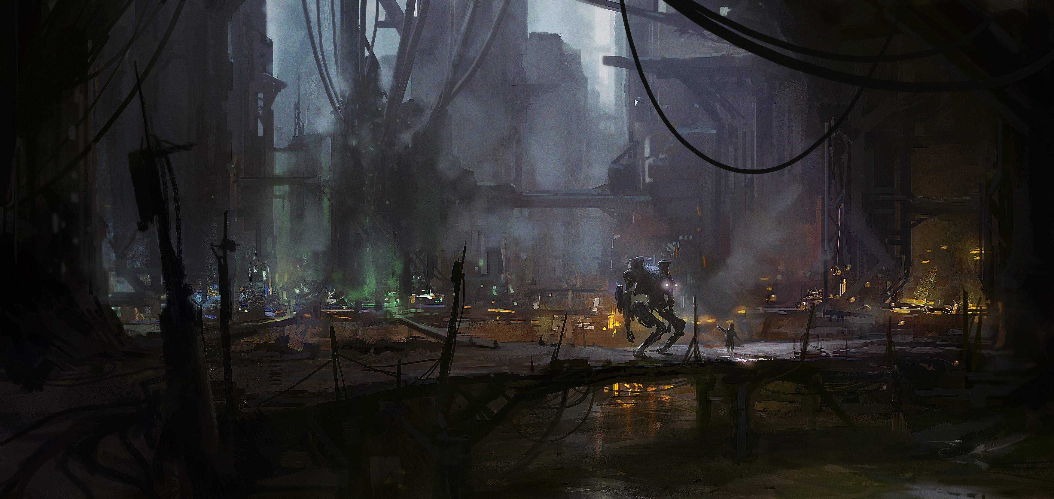 Robot and child in a dystopian industrial city HD Wallpaper