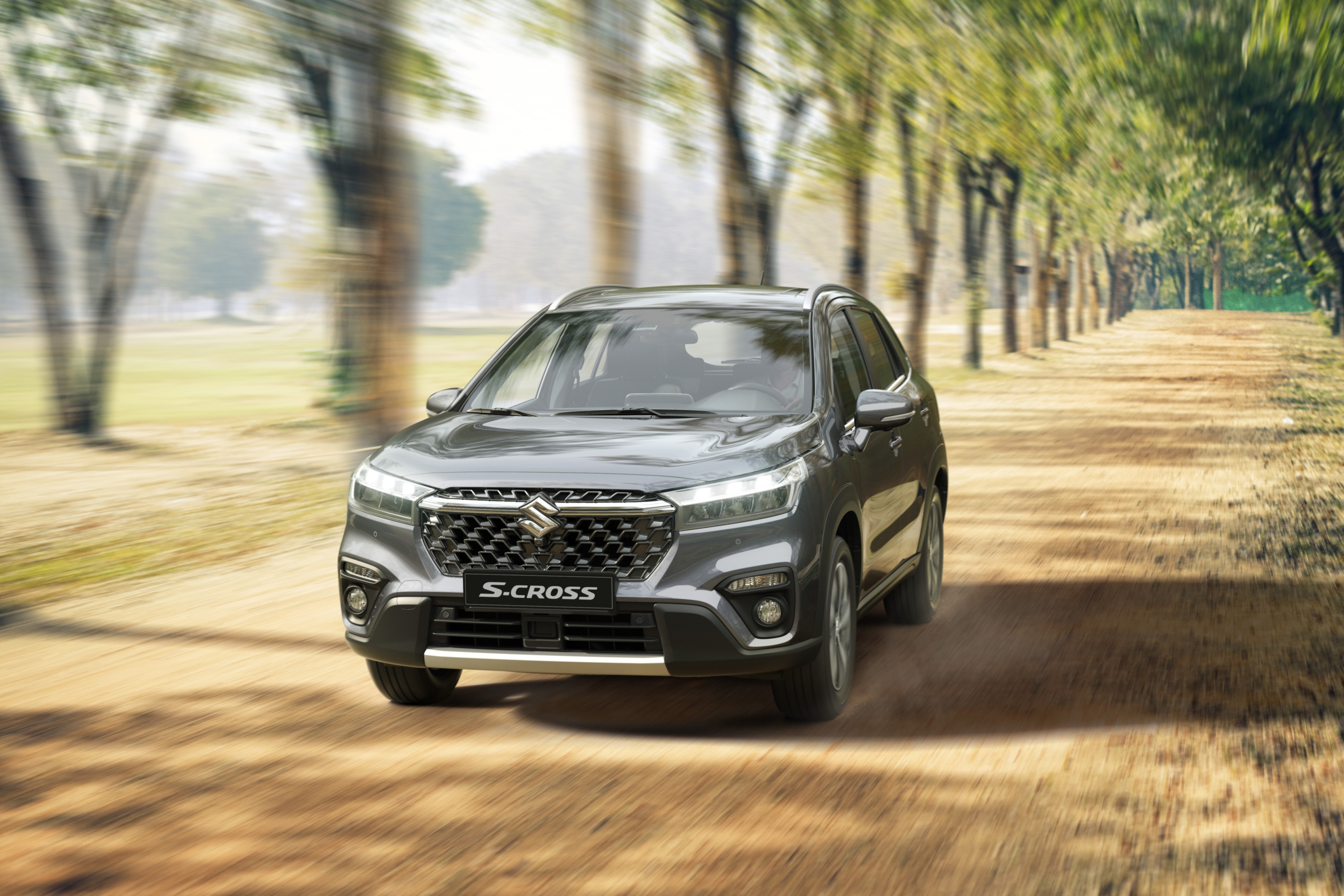 Suzuki S-Cross Hybrid SUV driving on a dirt road HD Wallpaper
