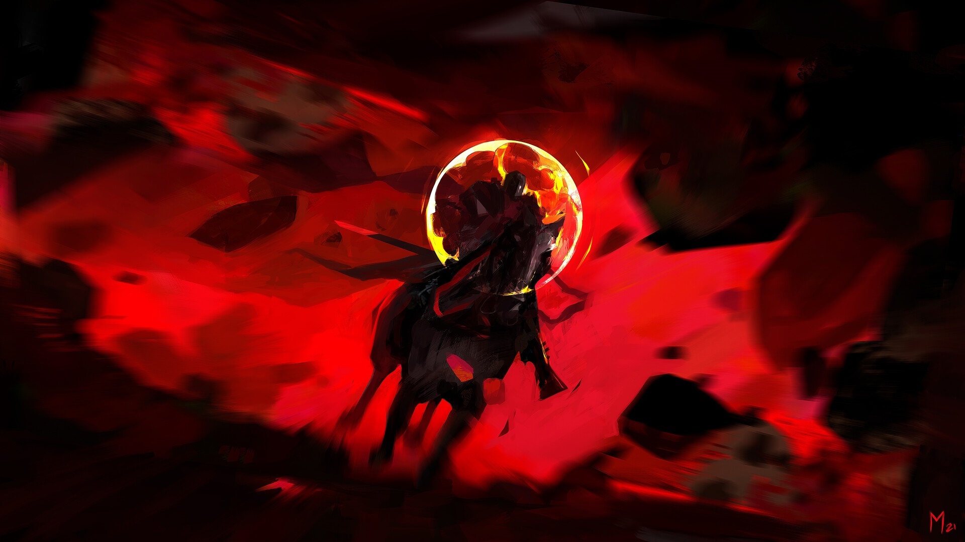 Fantasy Knight on Horse with Fiery Halo HD Wallpaper