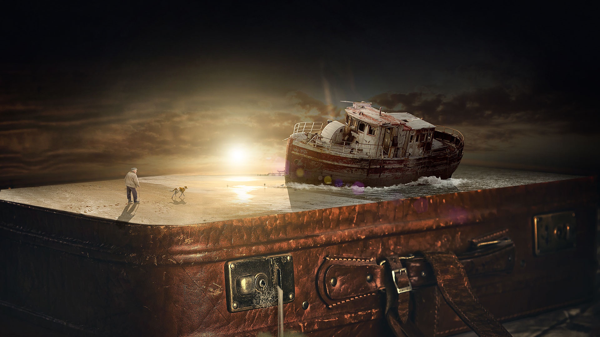 Man and dog on a suitcase island with a shipwreck HD Wallpaper