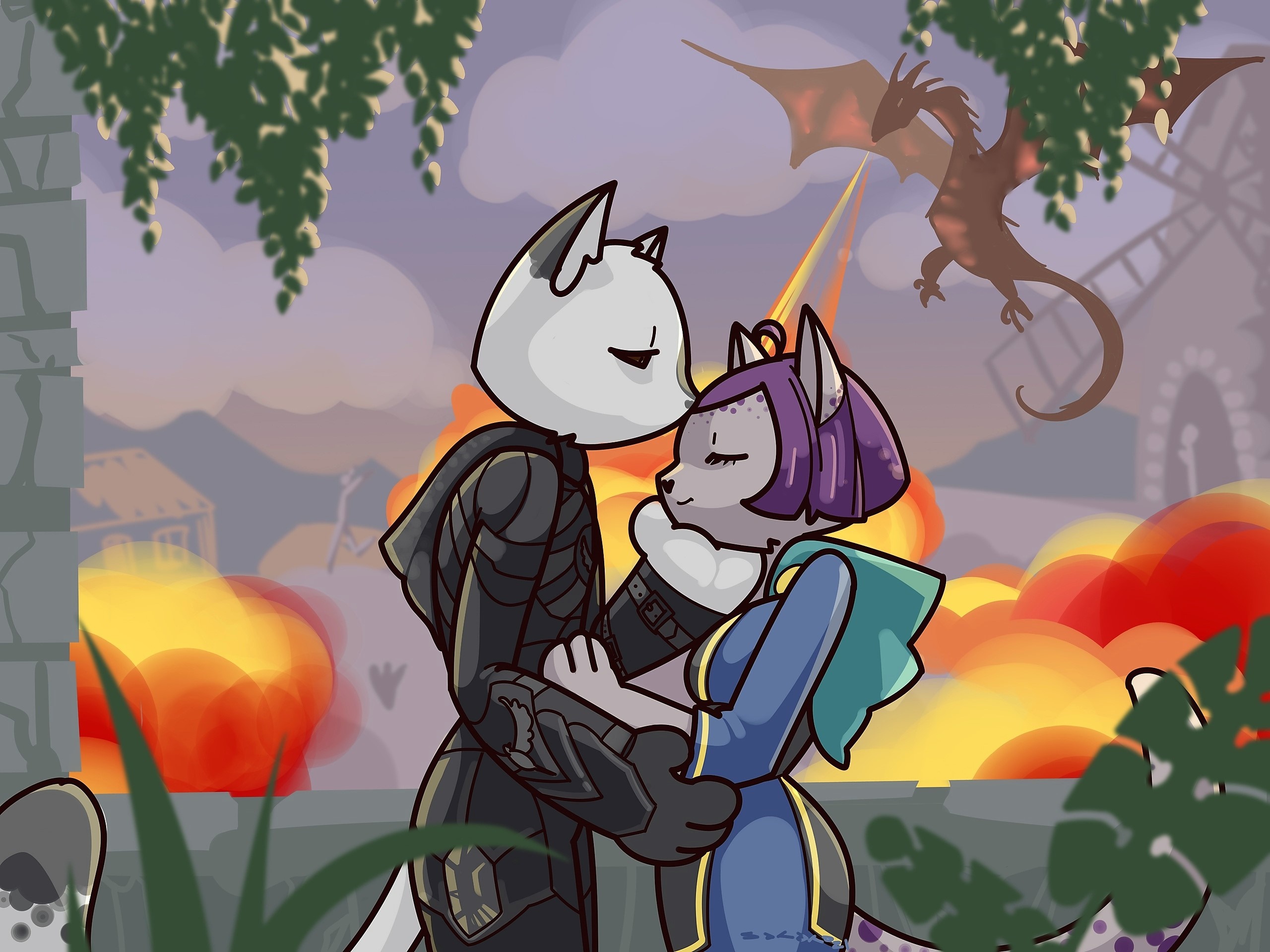 Fantasy couple embracing amidst burning village and dragon attack HD Wallpaper