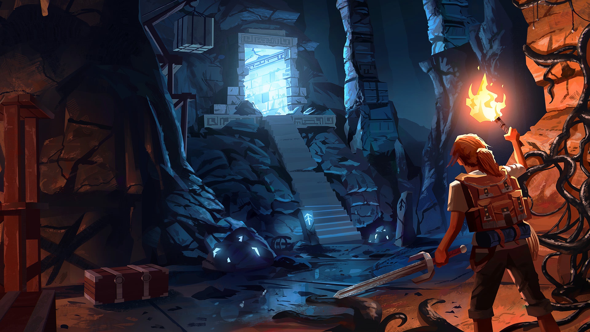 Girl with torch and sword in a cave HD Wallpaper