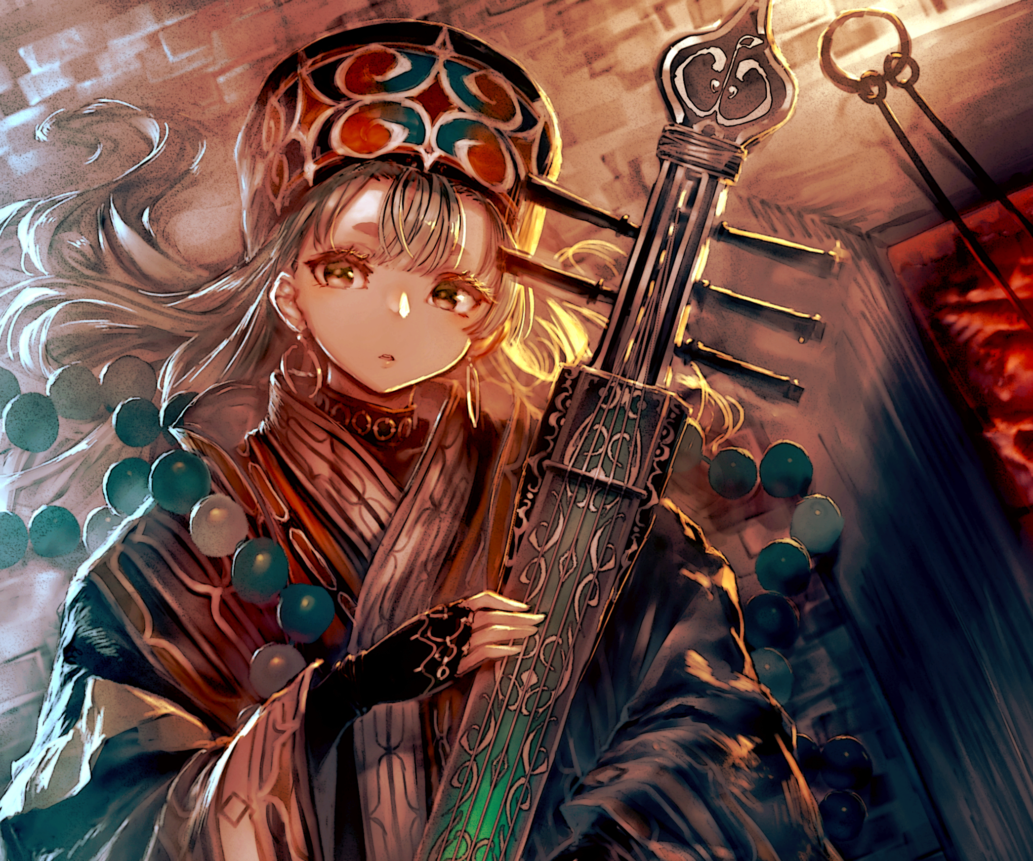 Girl in traditional costume playing a stringed instrument HD Wallpaper
