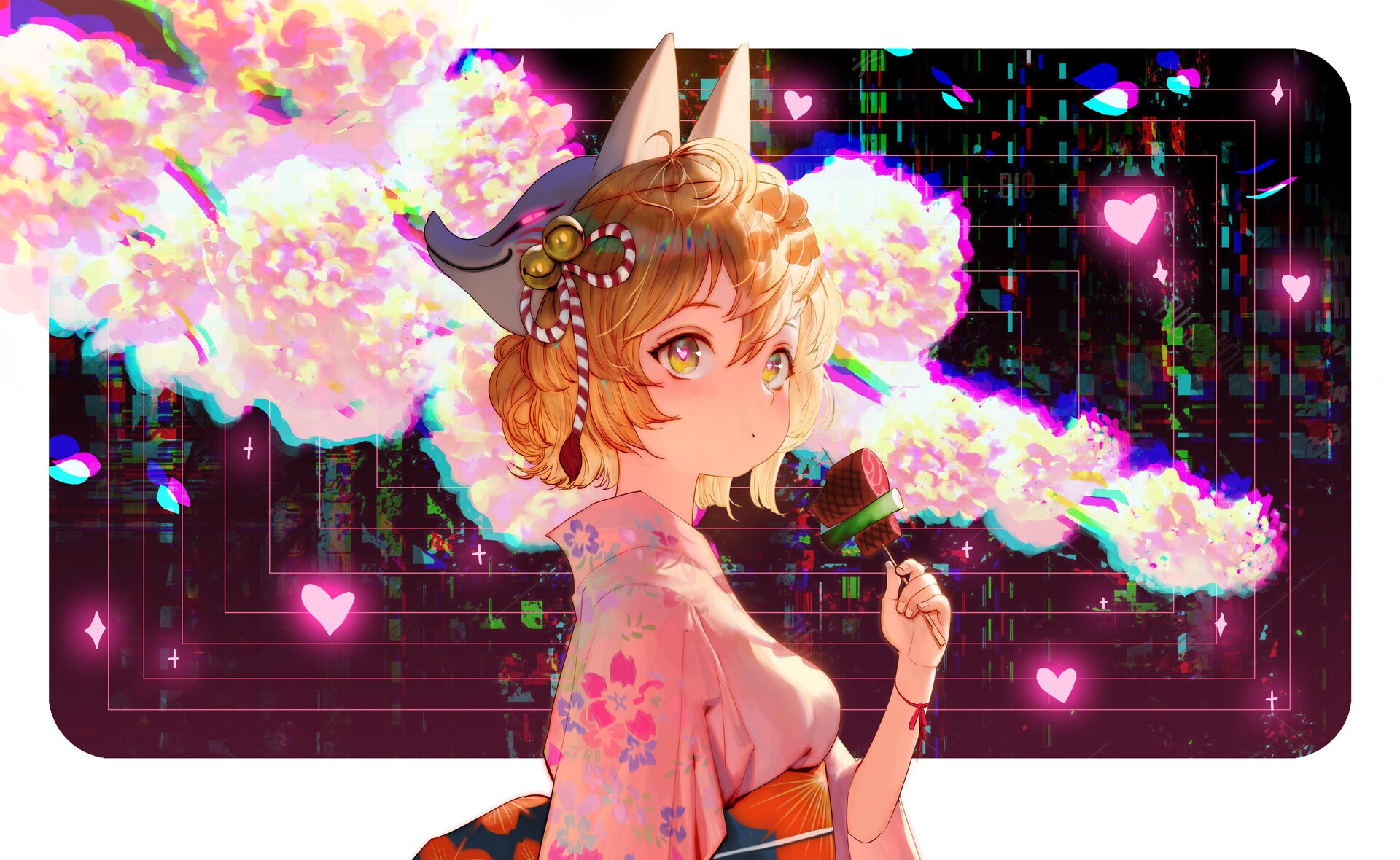 Girl in Kimono with Fox Mask and Candy HD Wallpaper