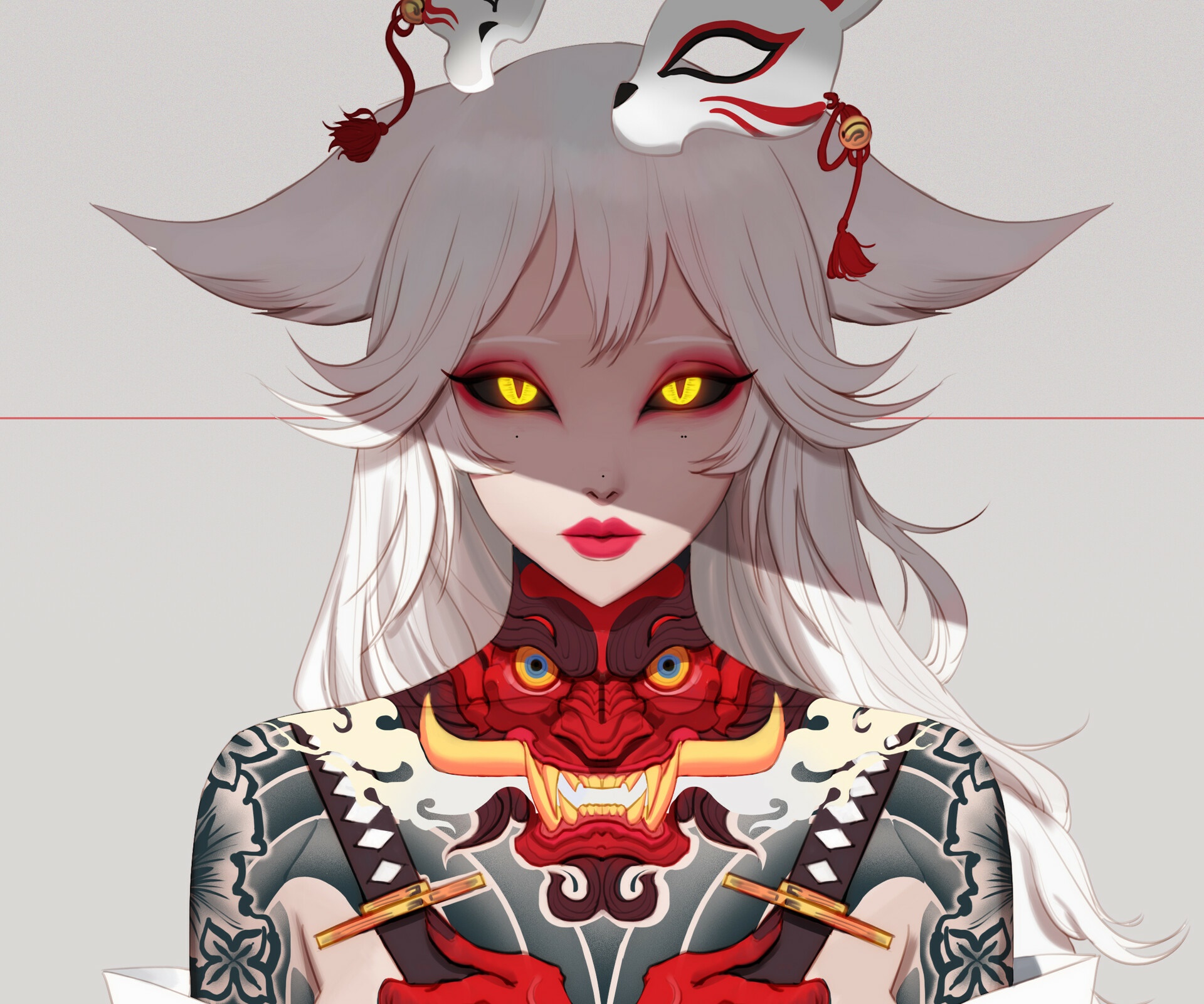 Girl with Kitsune masks and Oni tattoo HD Wallpaper