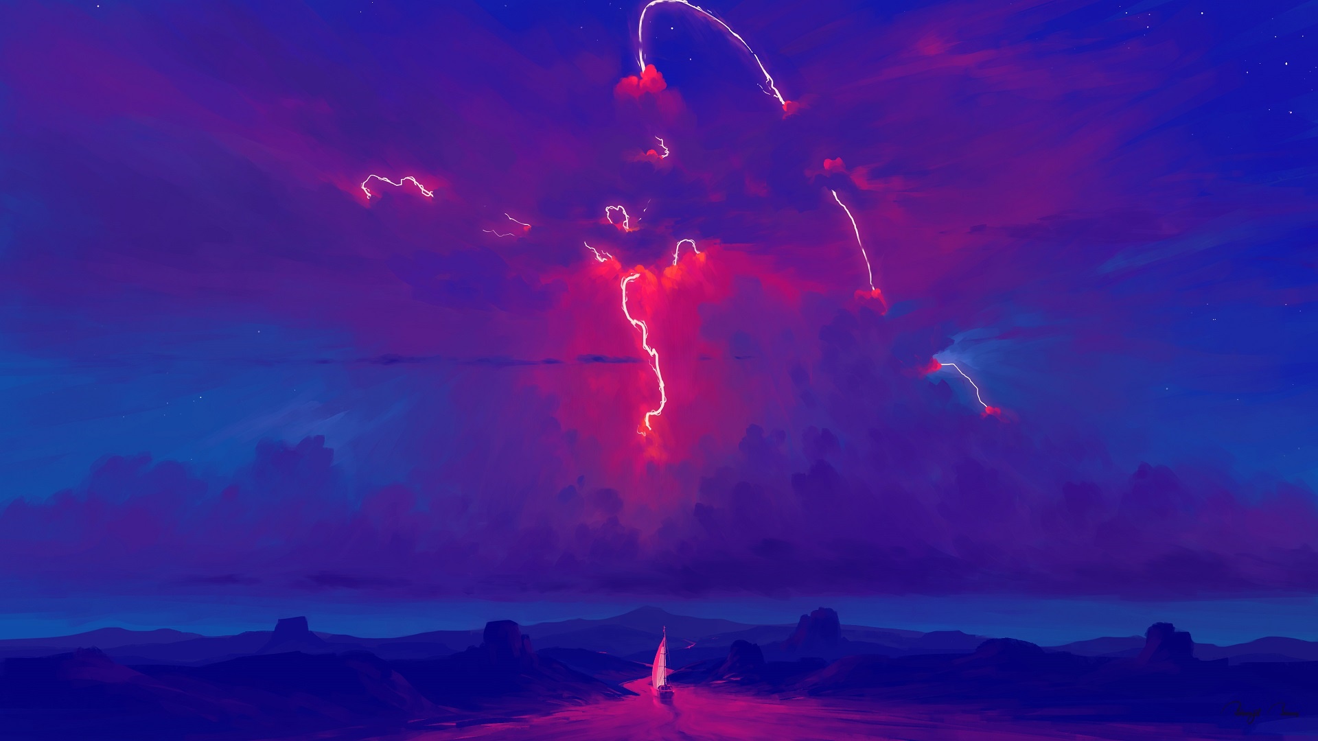 Lightning strikes over a desert landscape at night HD Wallpaper