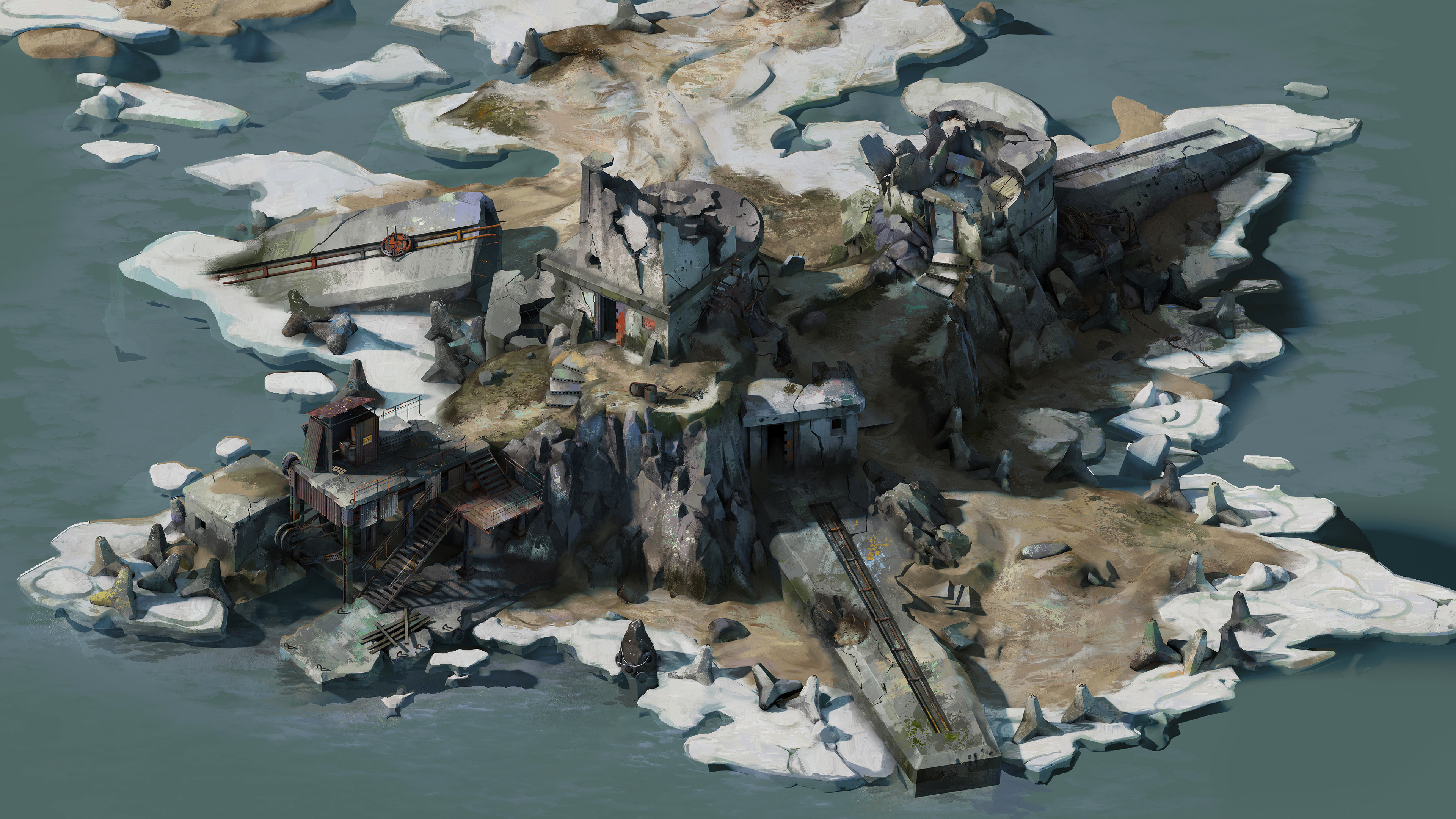 Ruined industrial island with ice and water HD Wallpaper