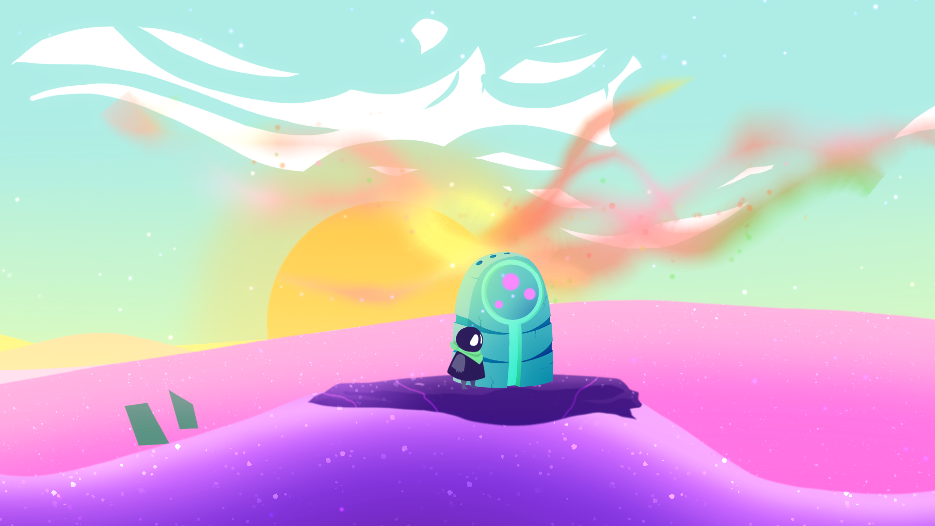 A character and a strange structure on a colorful alien planet HD Wallpaper