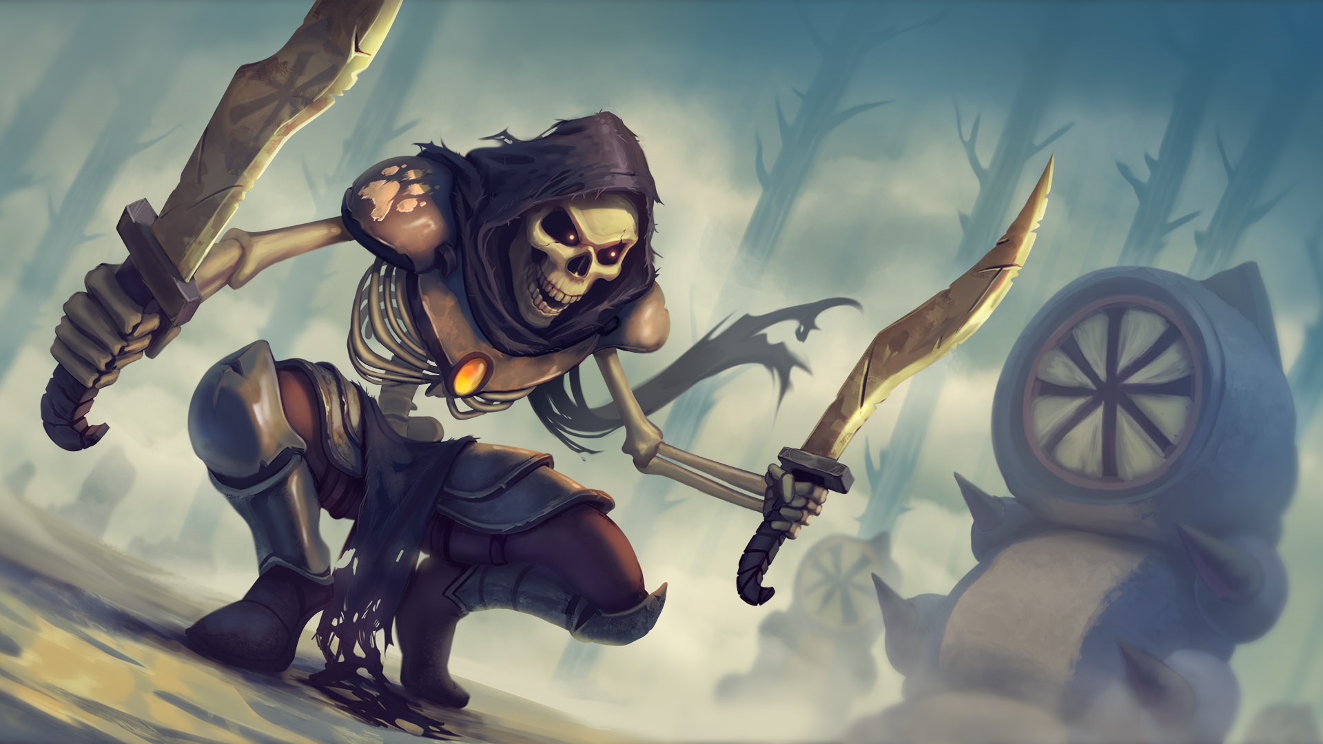 Skeletal Avenger with Swords in a Misty Forest HD Wallpaper