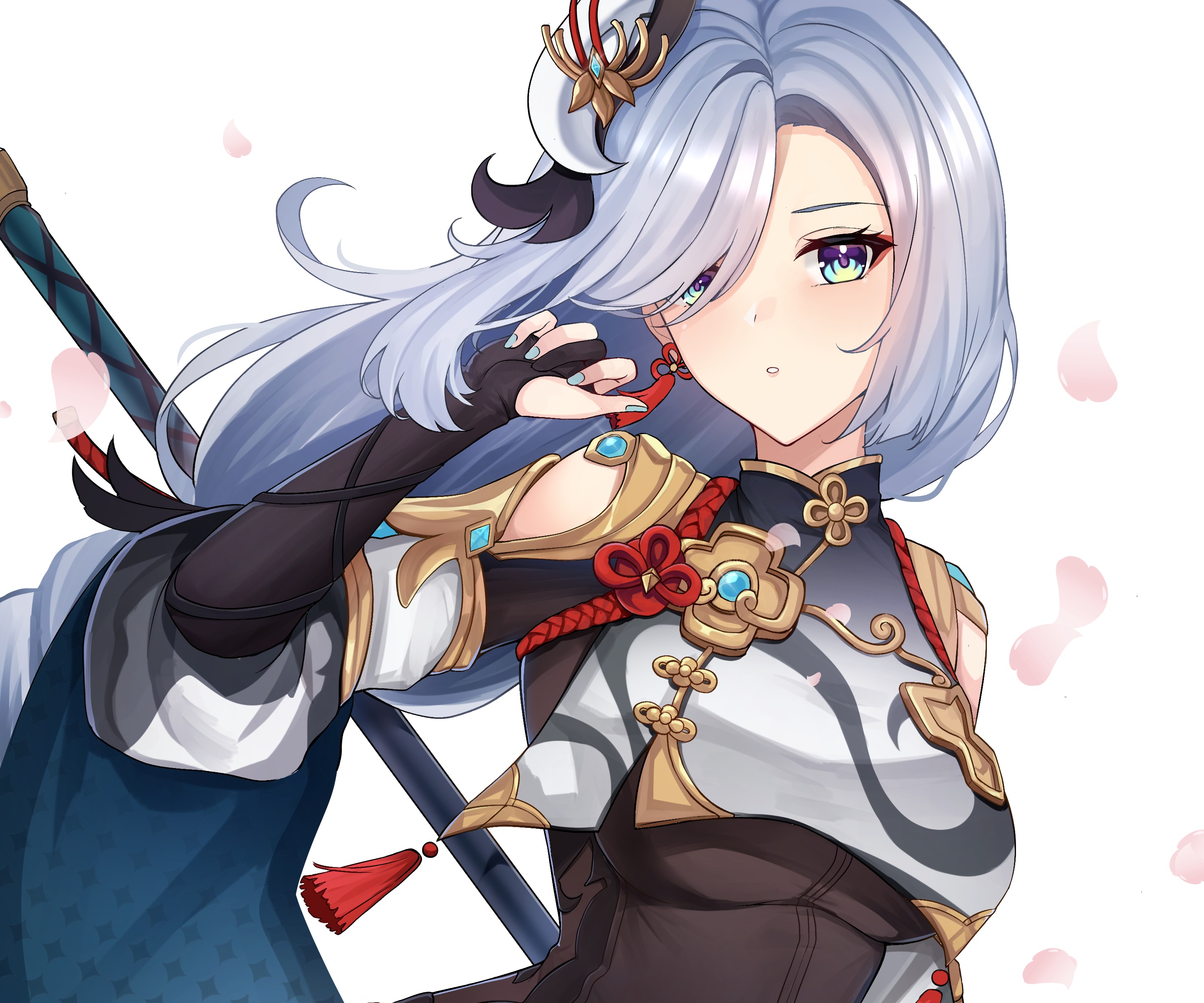 Shenhe from Genshin Impact with a polearm HD Wallpaper