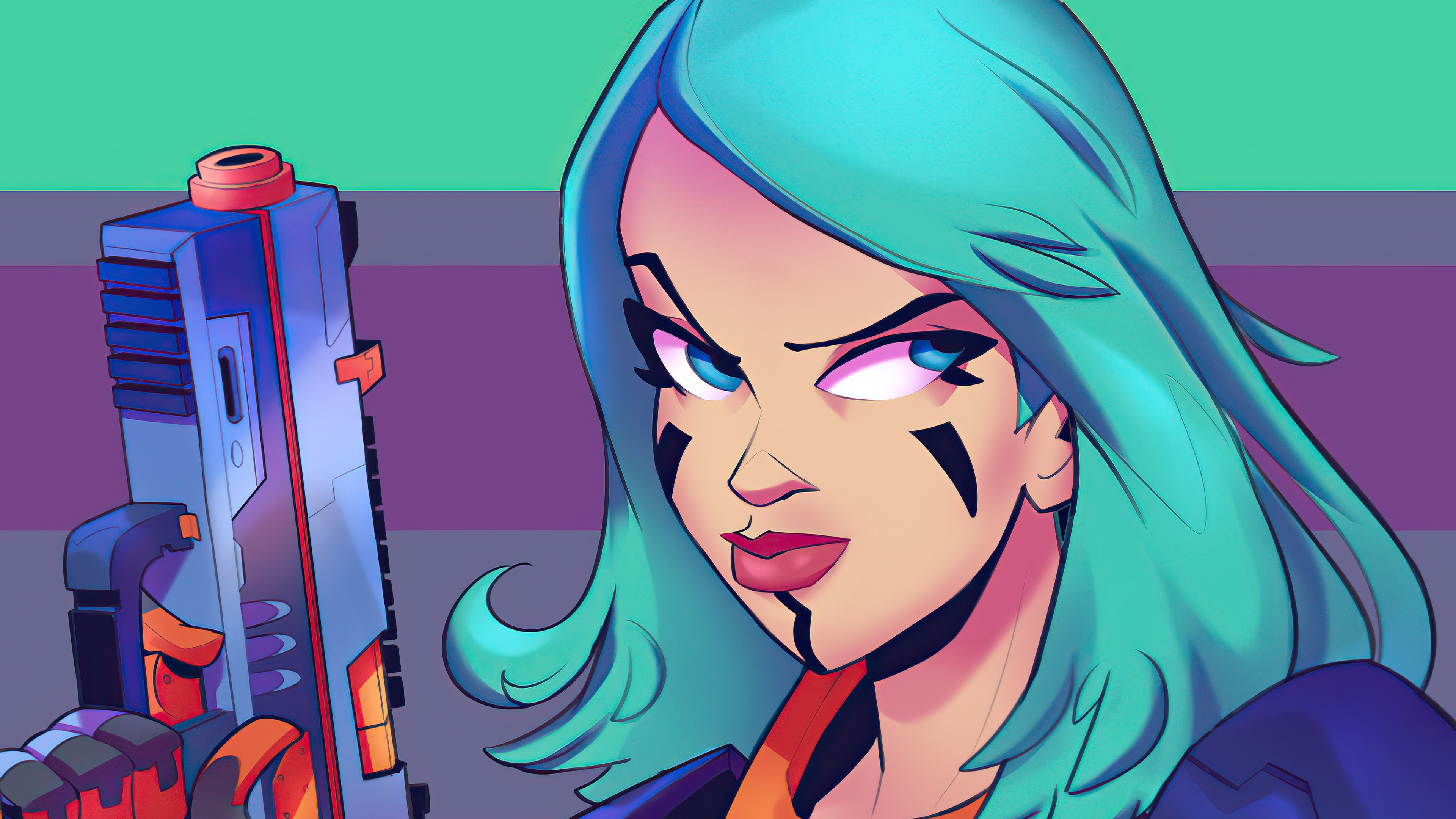 Woman with Aqua Hair Holding a Sci-Fi Gun HD Wallpaper