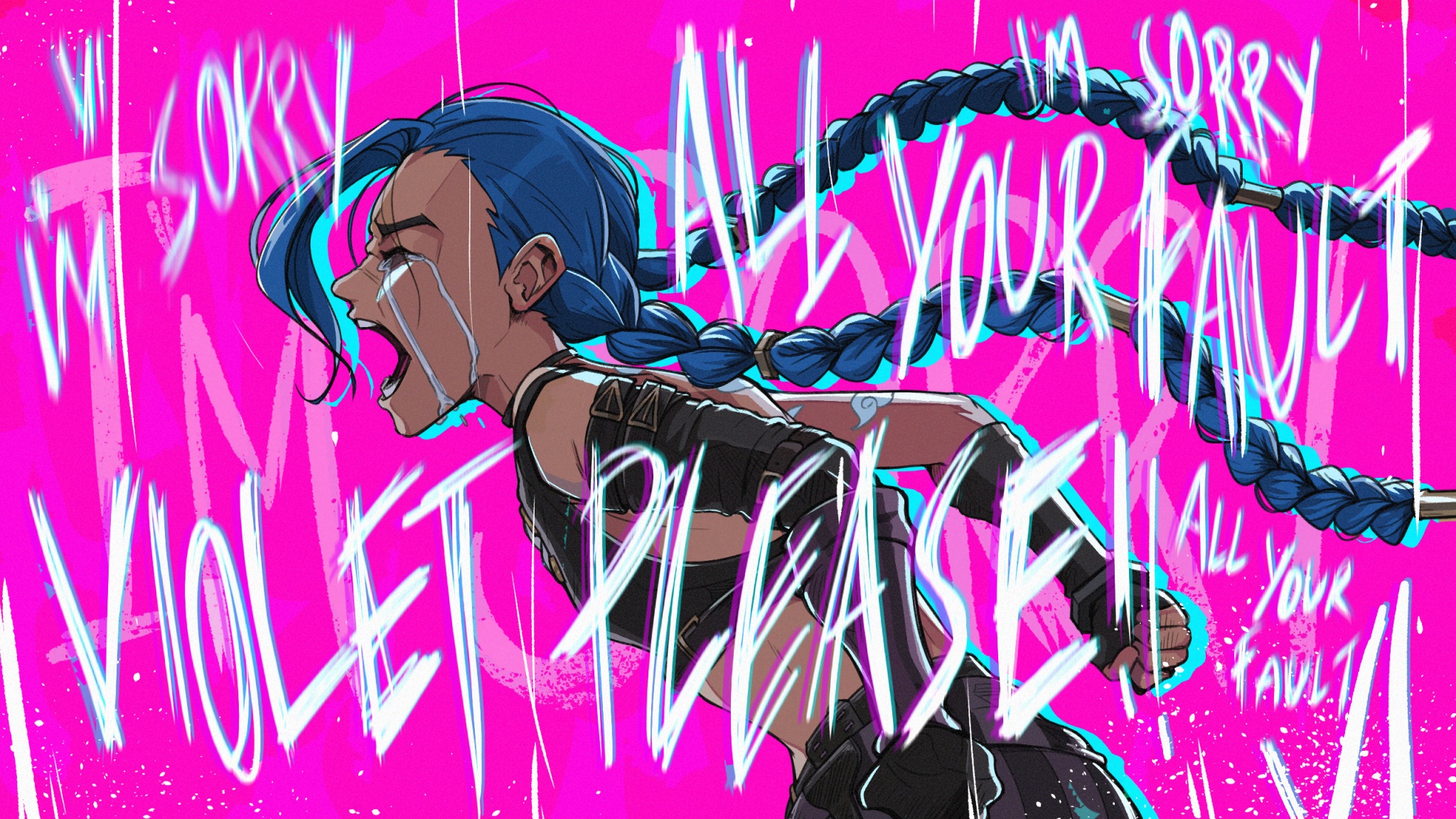 Jinx from Arcane crying with text on pink background HD Wallpaper
