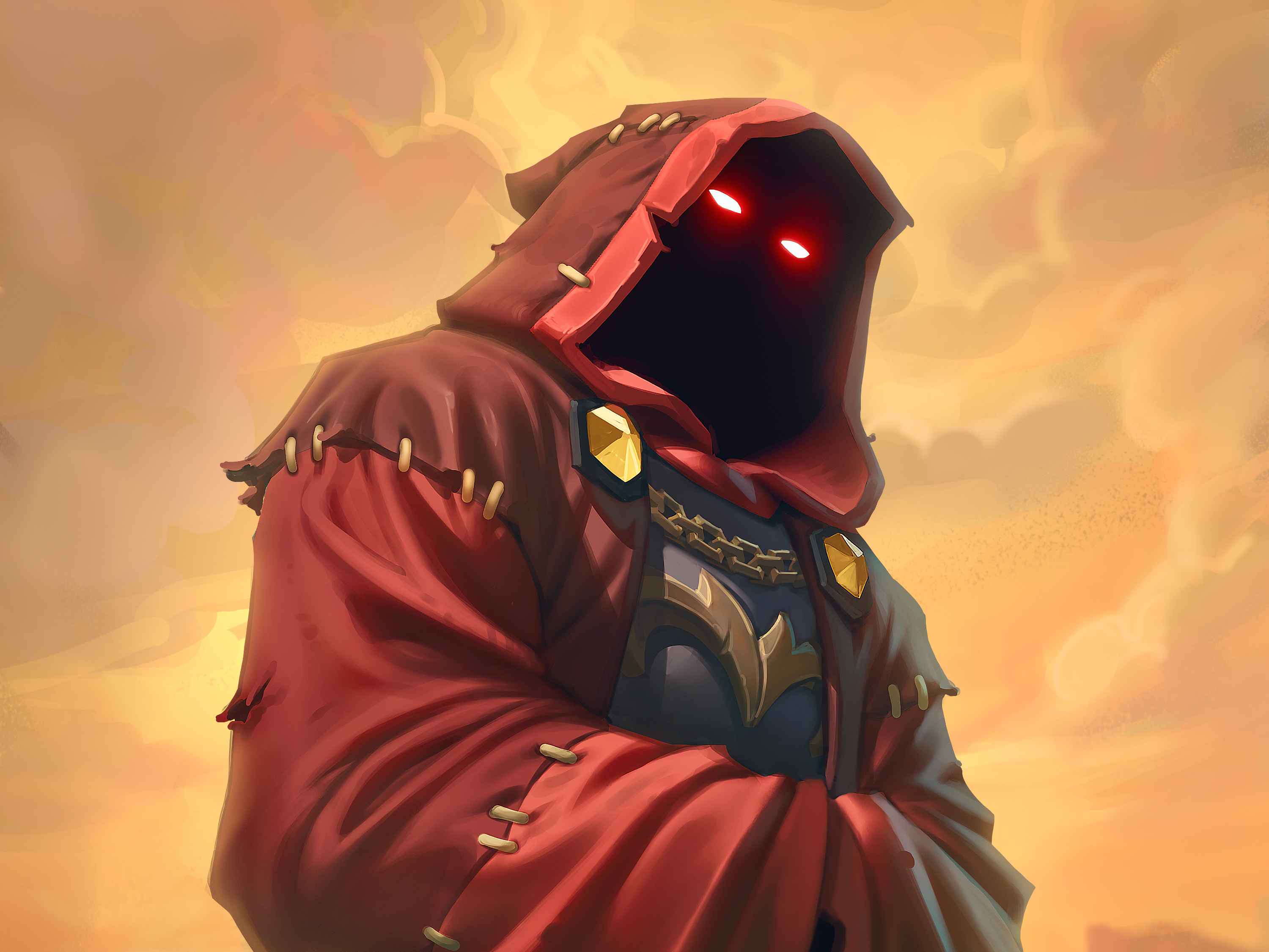 Hooded figure with glowing red eyes from Hearthstone HD Wallpaper