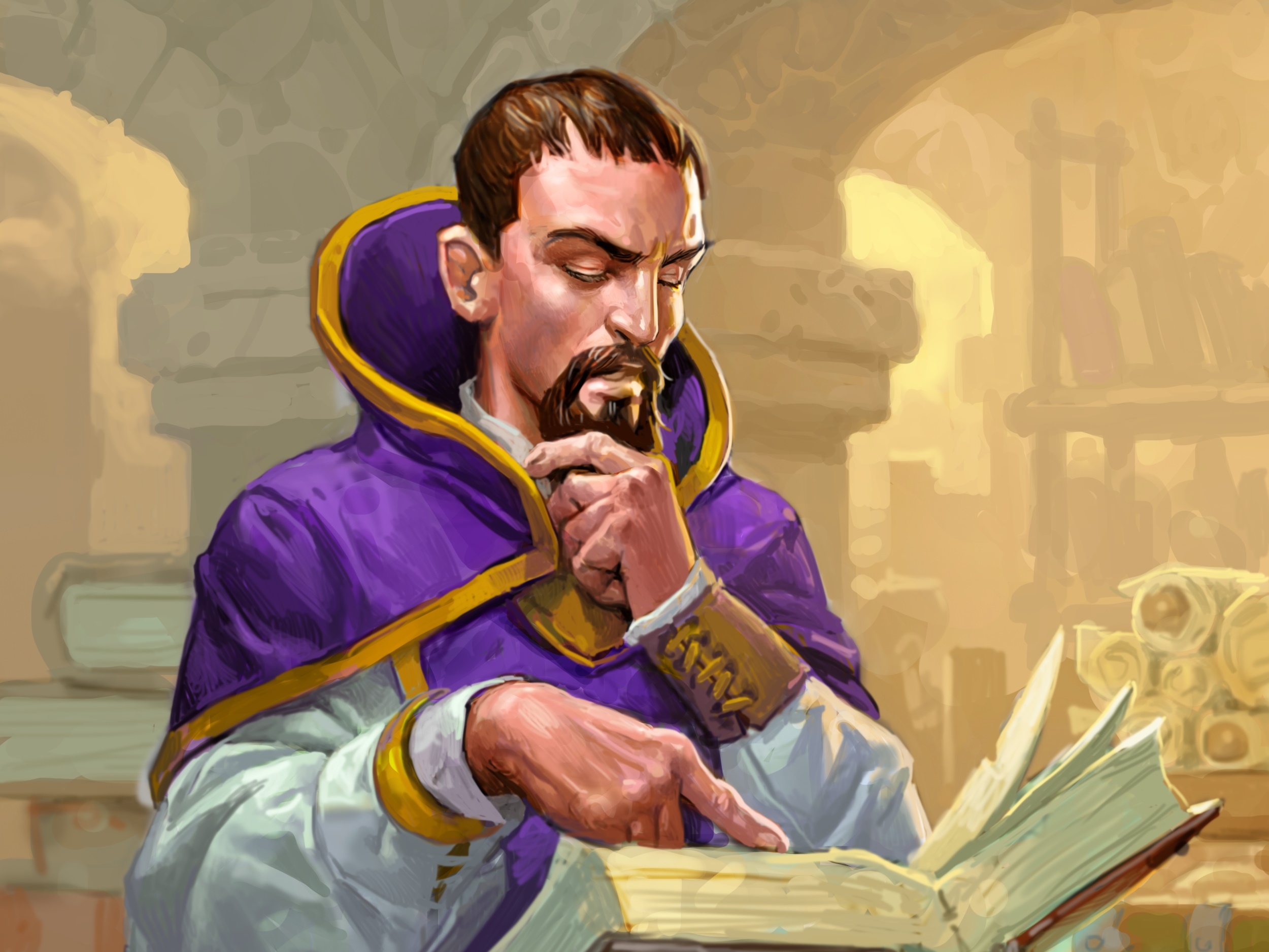 Man in purple robe reading a book in Hearthstone HD Wallpaper