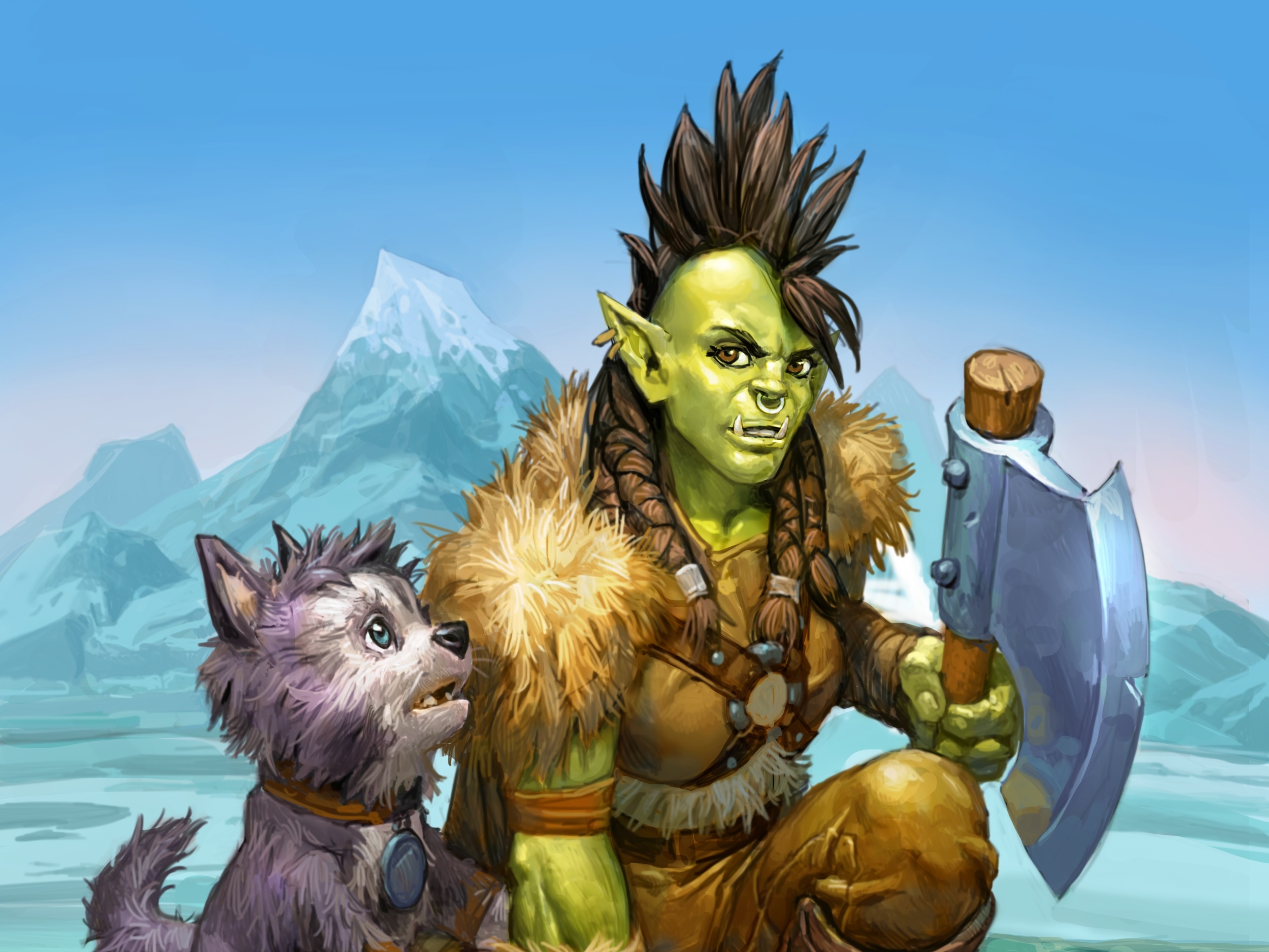 Orc warrior with axe and dog from Hearthstone HD Wallpaper