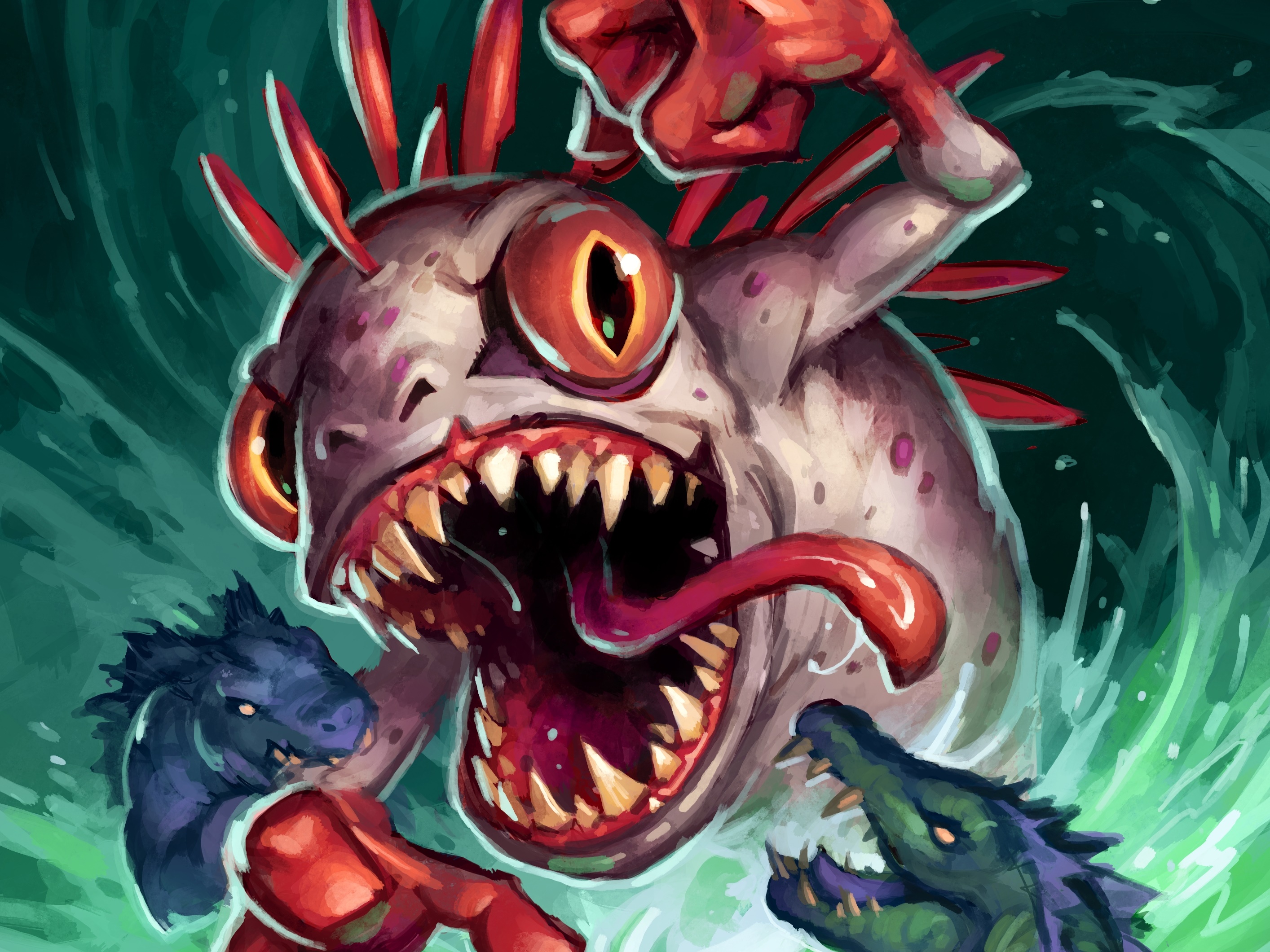 Monstrous creature attacking smaller creatures in Hearthstone HD Wallpaper