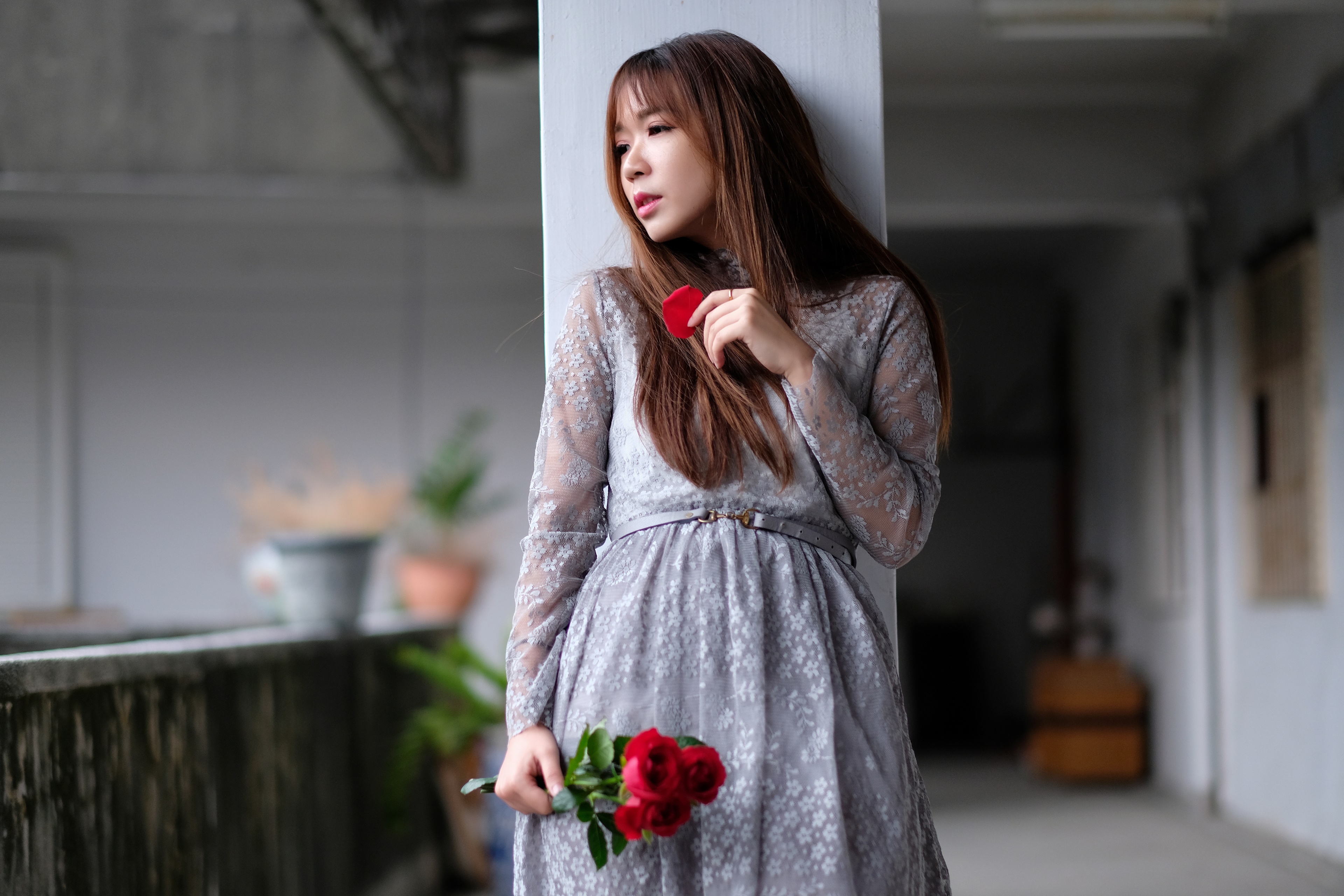 Asian woman with red heart and roses HD Wallpaper