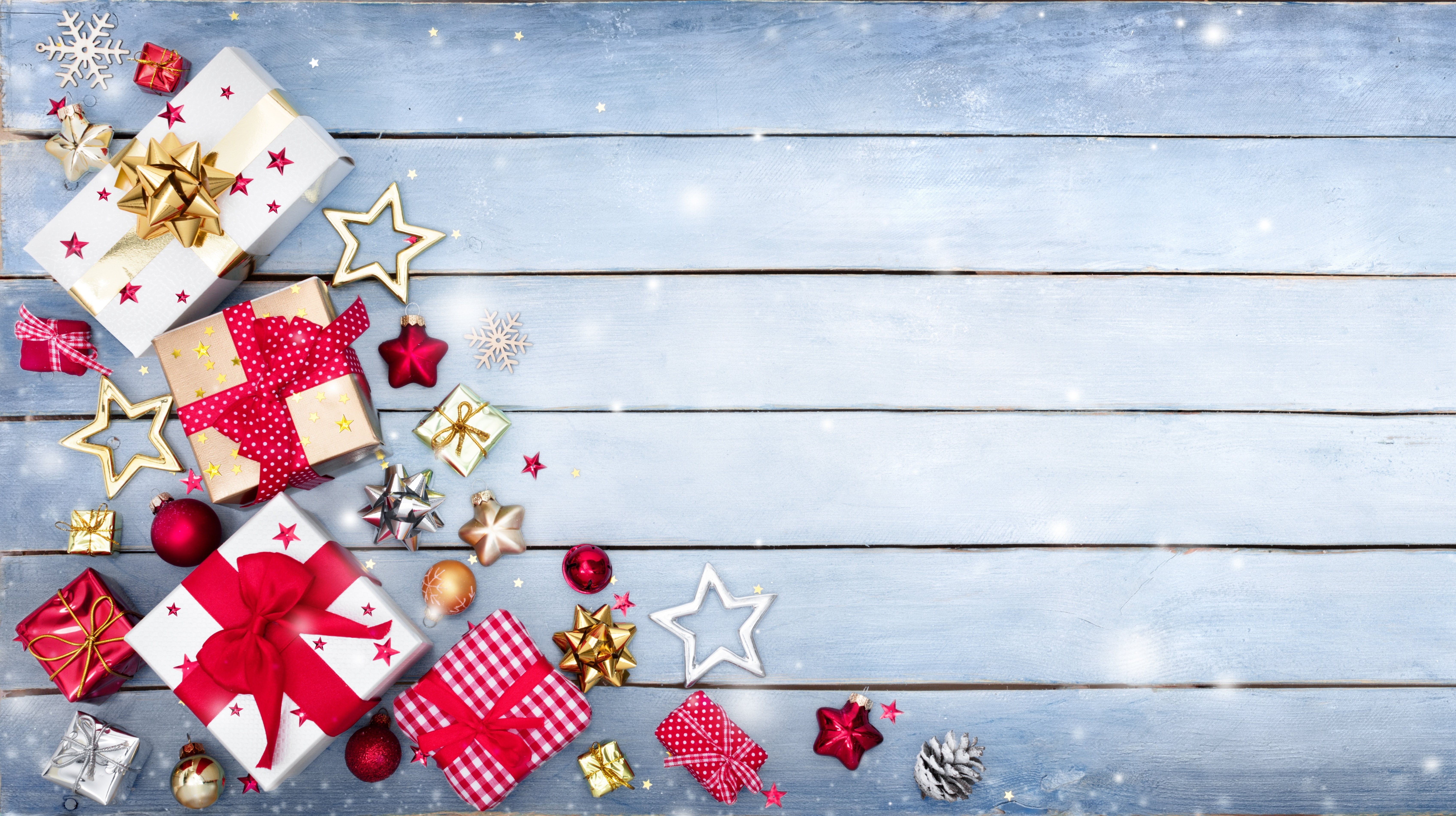 Christmas Gifts and Ornaments on Blue Wood HD Wallpaper