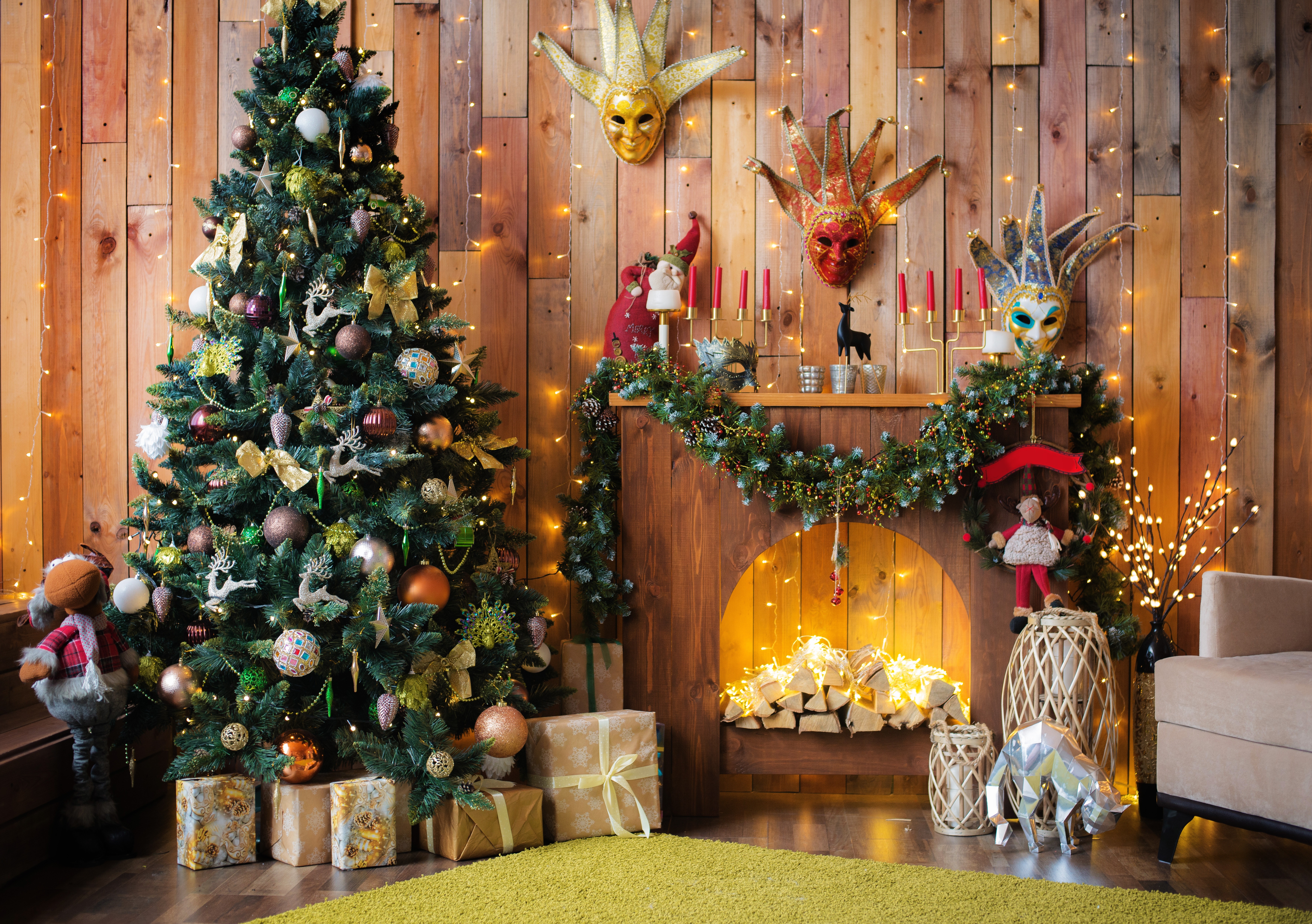 Christmas Tree and Fireplace with Venetian Masks HD Wallpaper