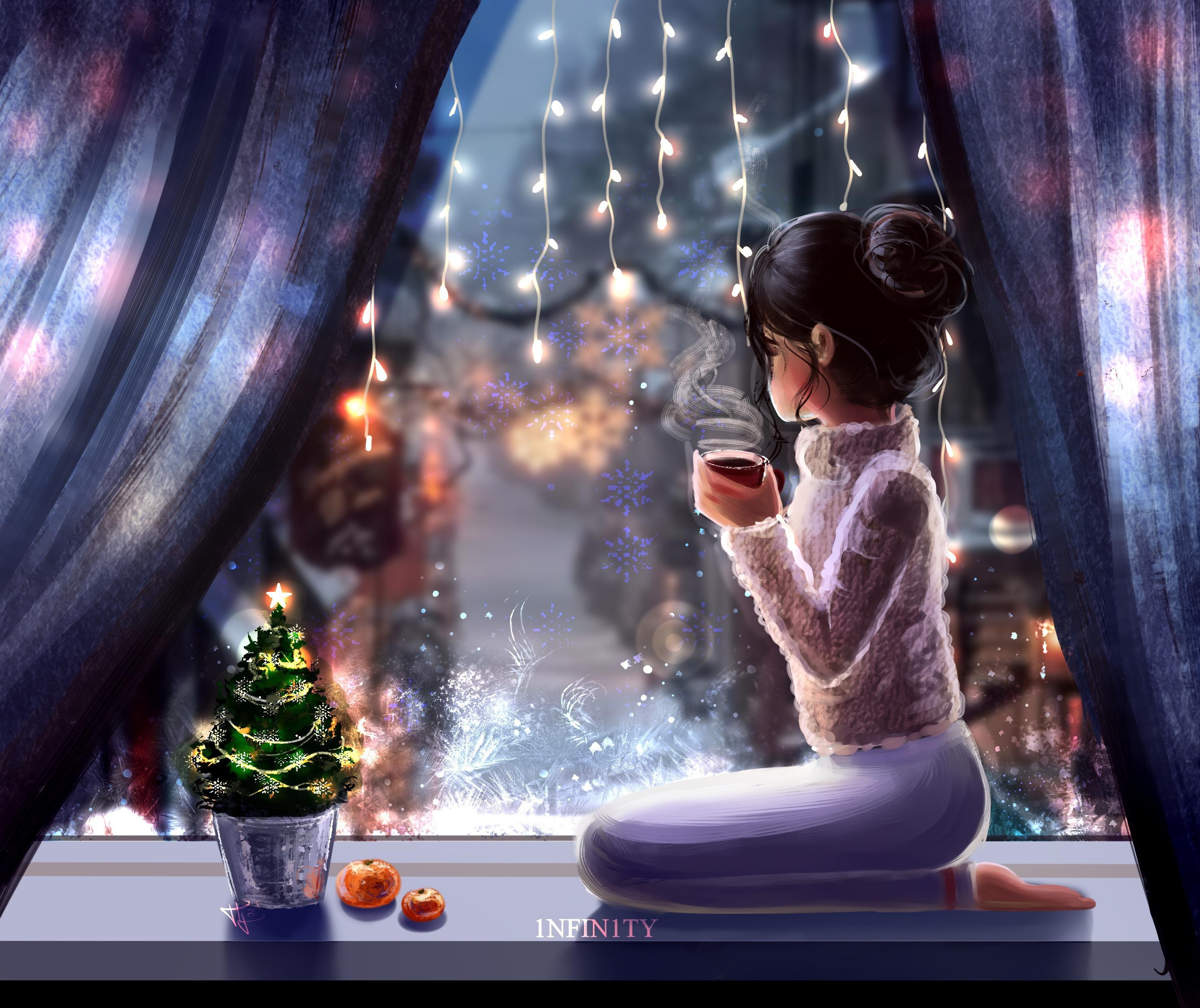 Girl with hot drink by Christmas tree HD Wallpaper