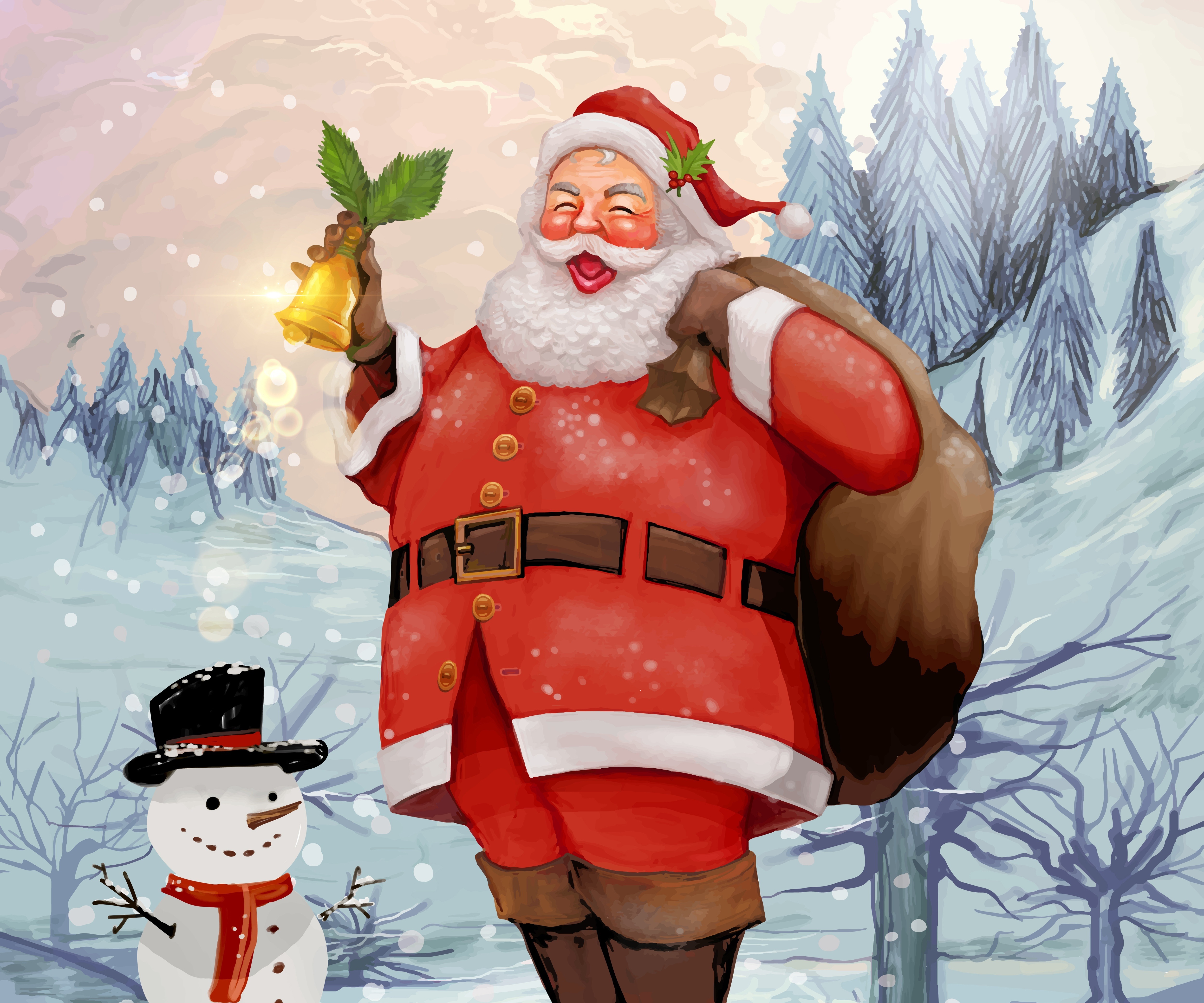 Christmas 4K: Santa and Snowman in Snowy Landscape HD Wallpaper
