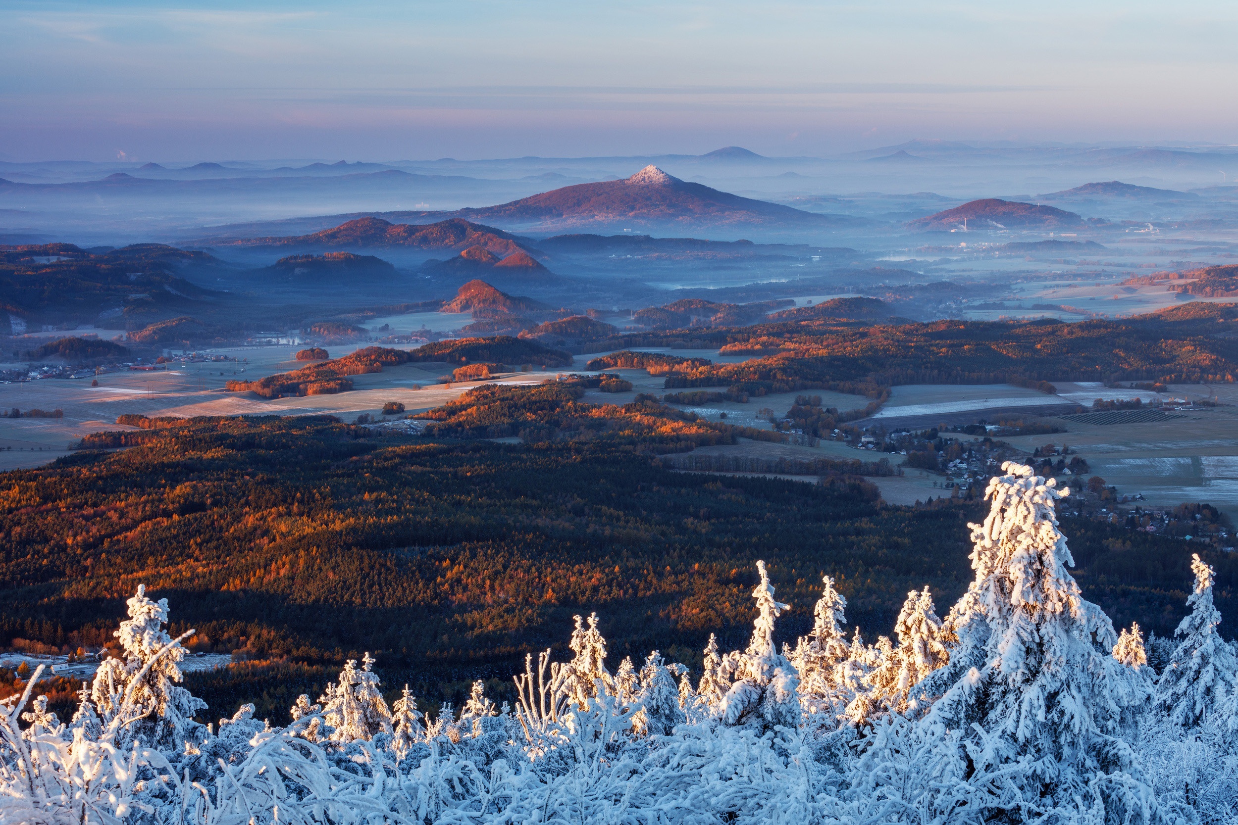 Winter mountain landscape at sunrise with snow-covered trees HD Wallpaper