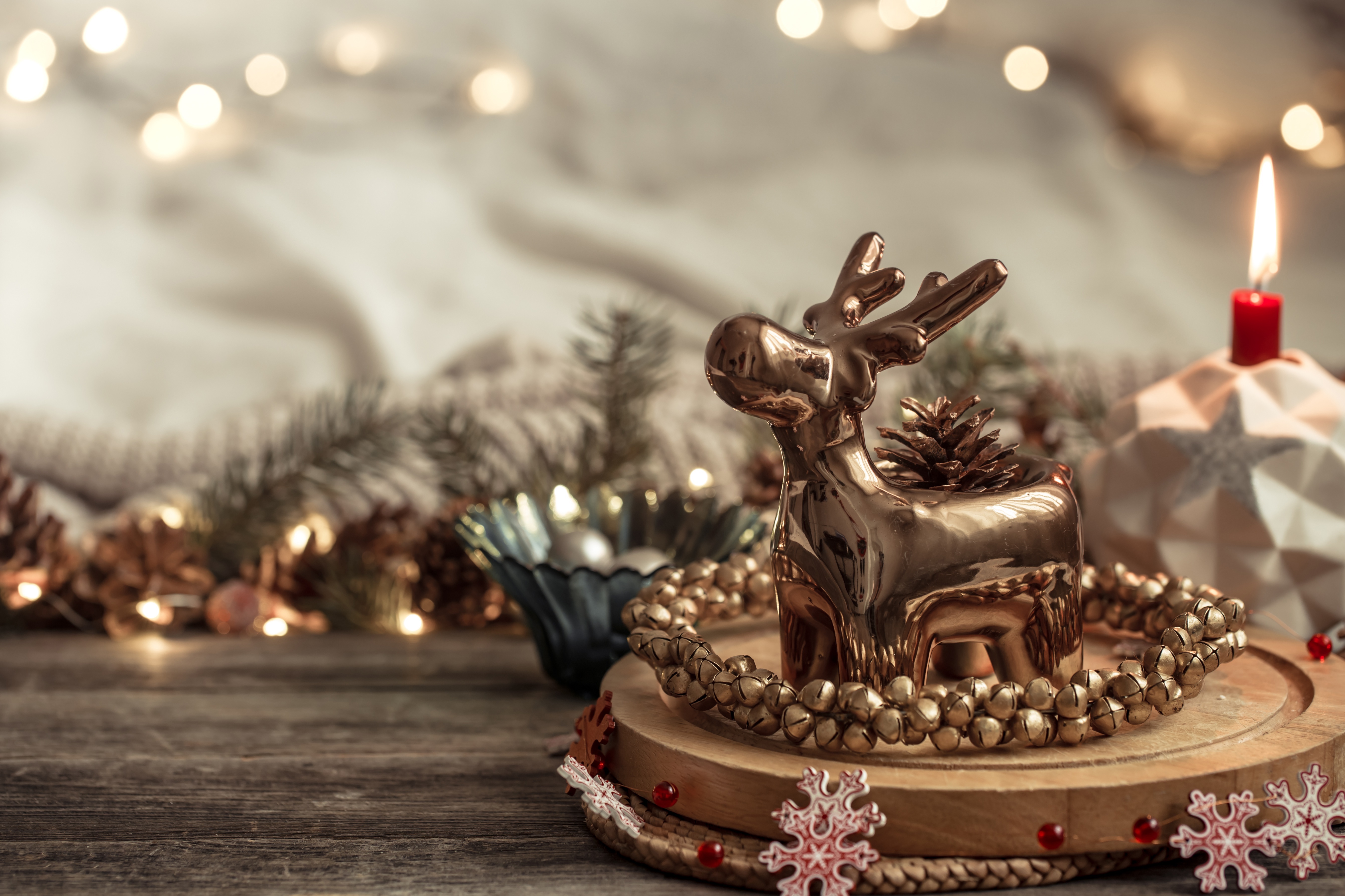 Christmas decorations with reindeer and candle HD Wallpaper