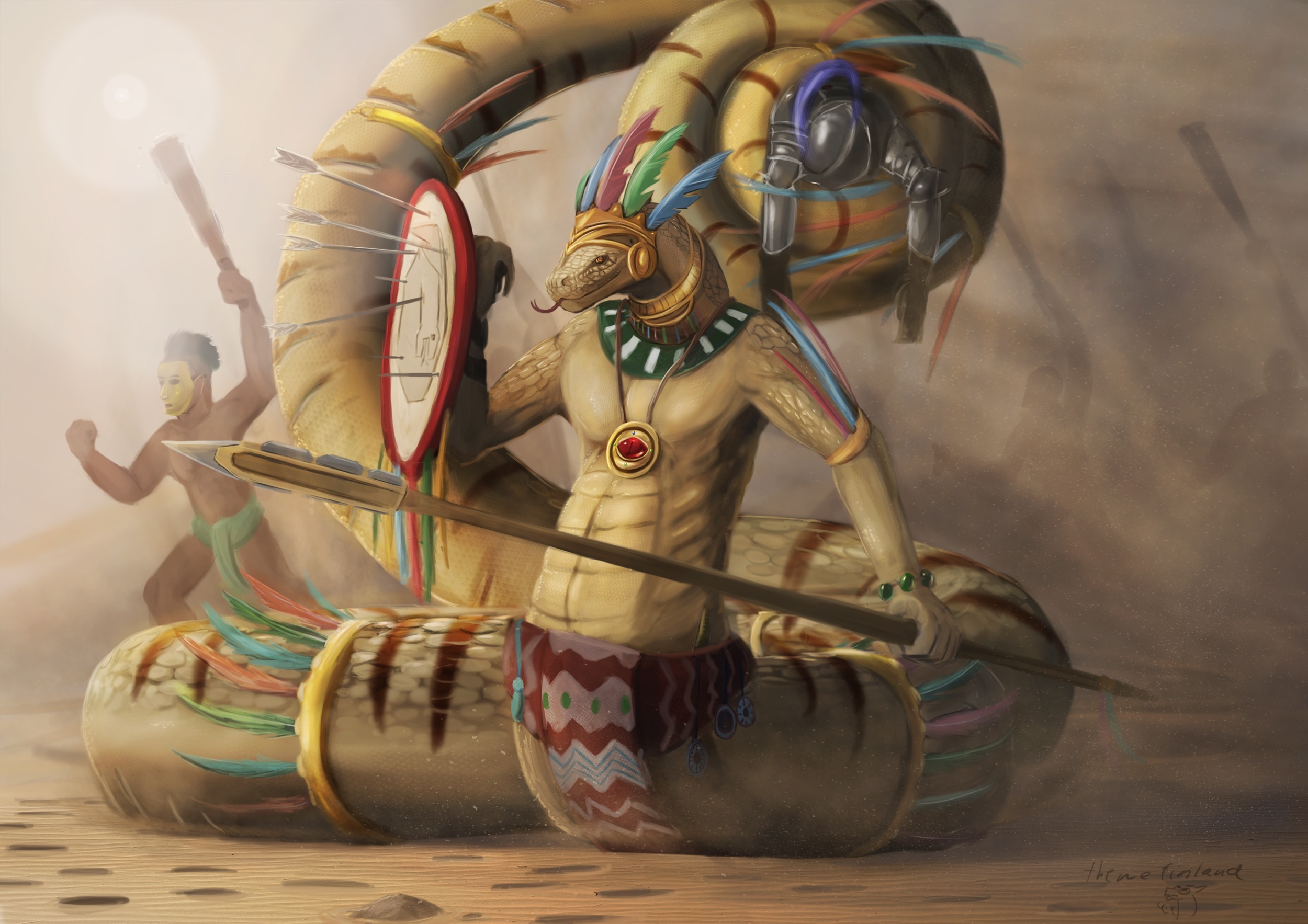 Fantasy Serpent Warrior with Shield and Spear HD Wallpaper