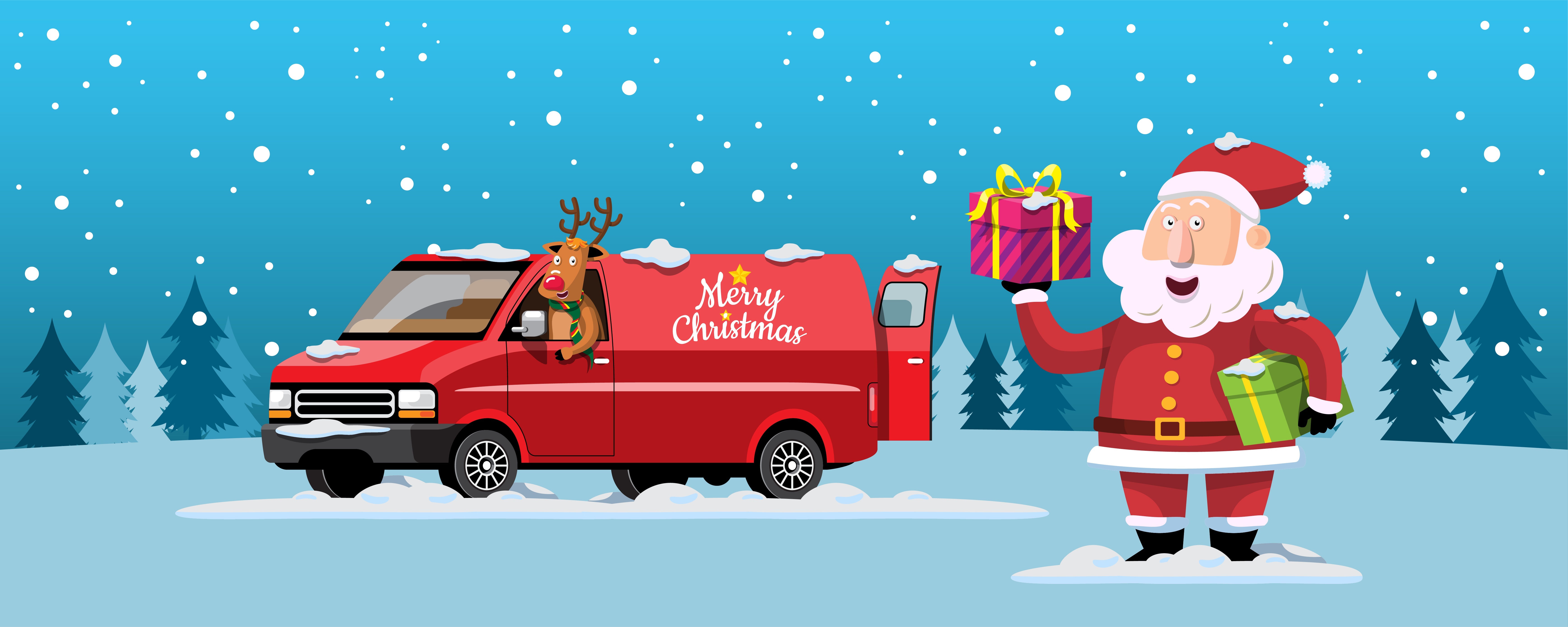 Santa Claus and reindeer delivering Christmas gifts in a van HD Wallpaper