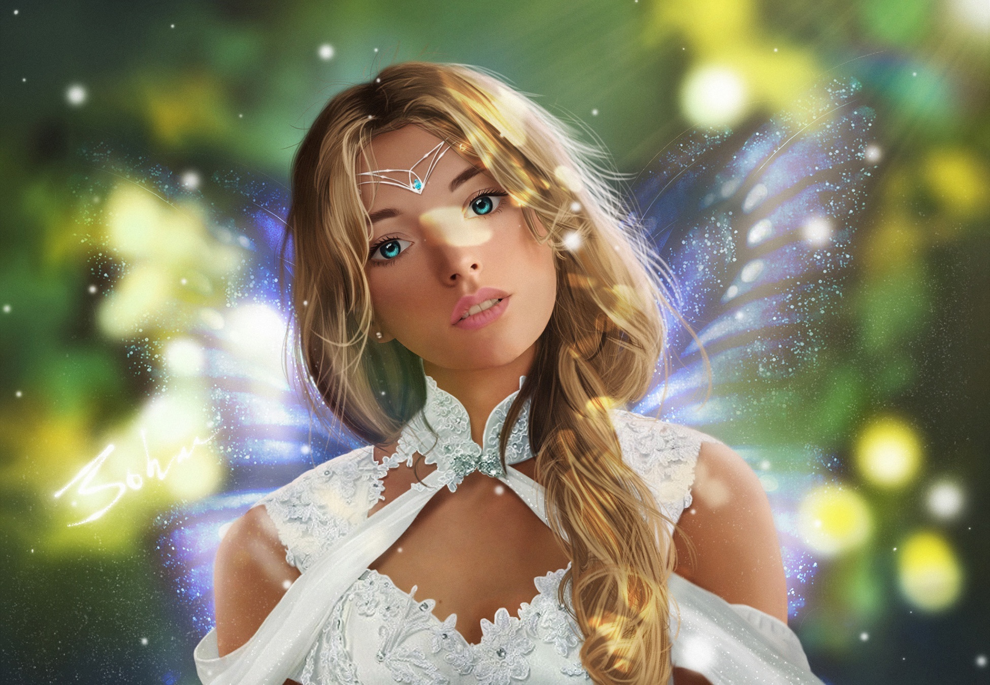 Fantasy Fairy with Blue Eyes and White Dress HD Wallpaper