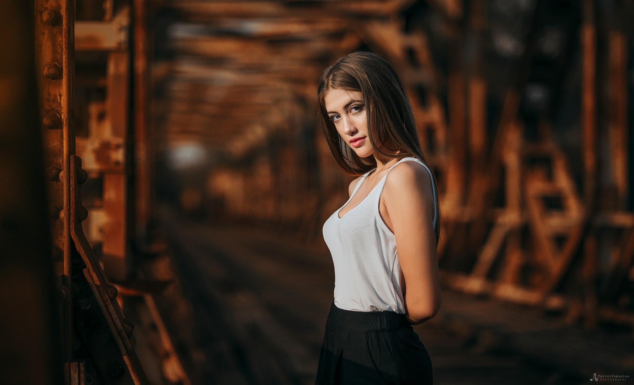 Woman in white tank top and black skirt on a bridge HD Wallpaper