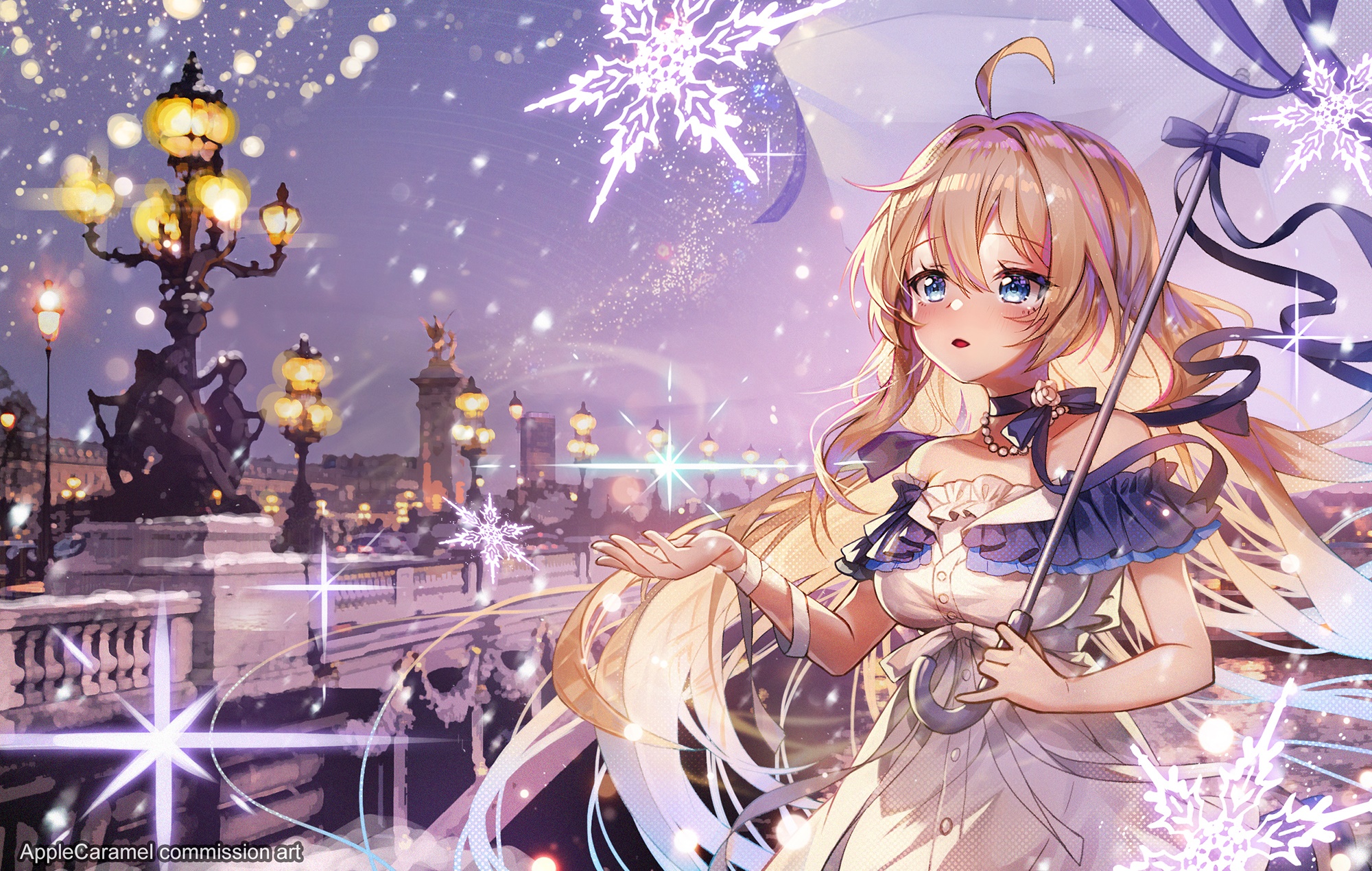 Anime girl with blue eyes holding an umbrella in Paris HD Wallpaper