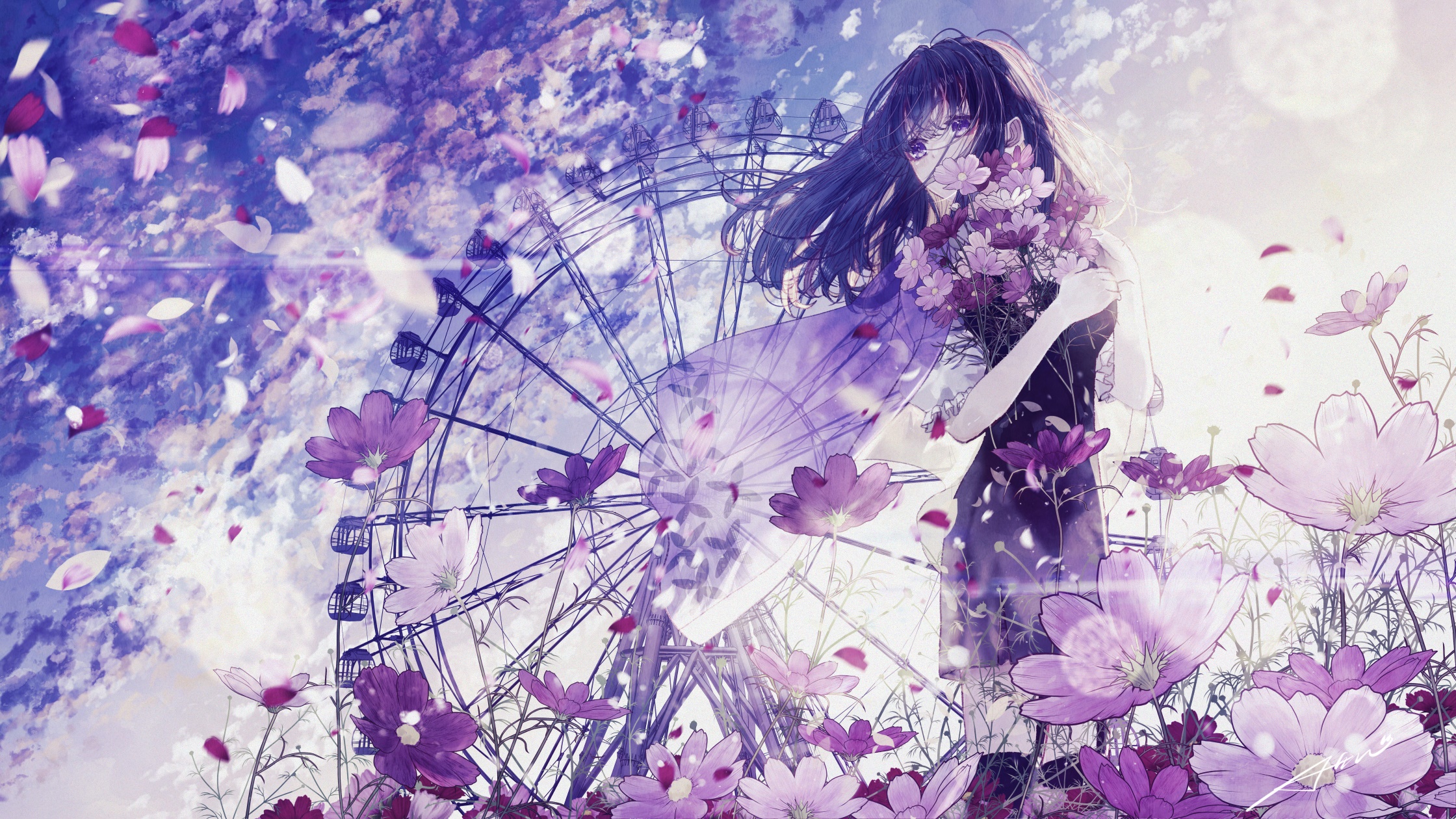 Anime girl with flowers and Ferris wheel HD Wallpaper