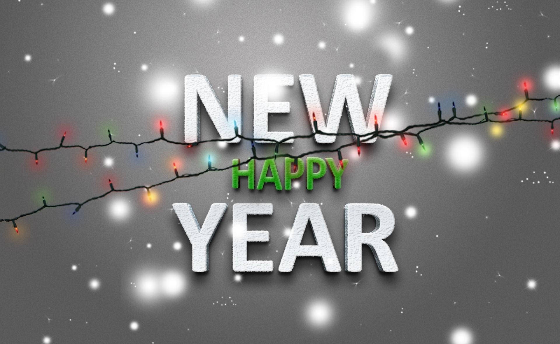 Happy New Year with Lights and Snow HD Wallpaper